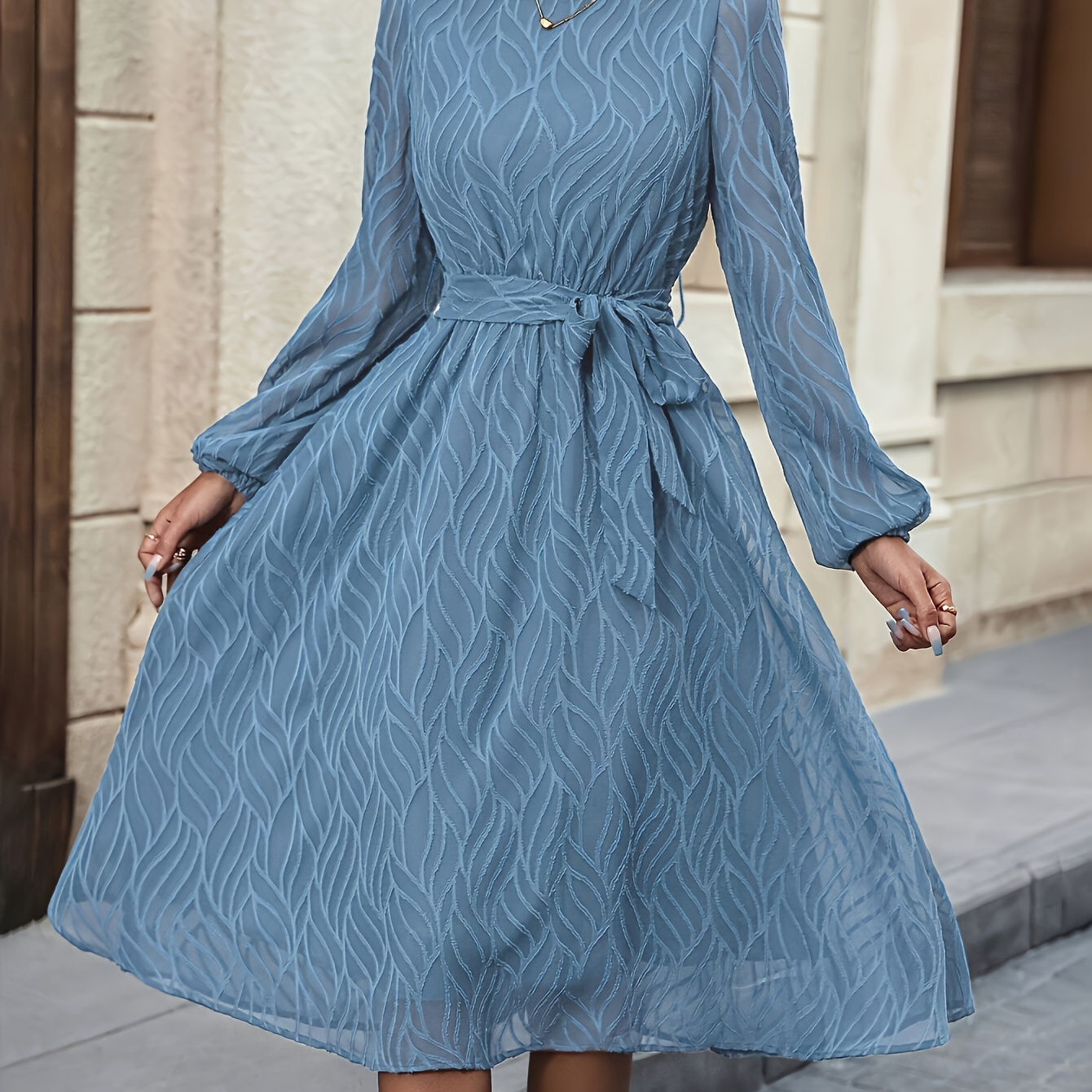 

Elegant Light Blue Midi Dress For Women With Leaf Pattern And Belt - Crew Neck, Long Sleeves, Polyester, Machine Washable - Spring/fall