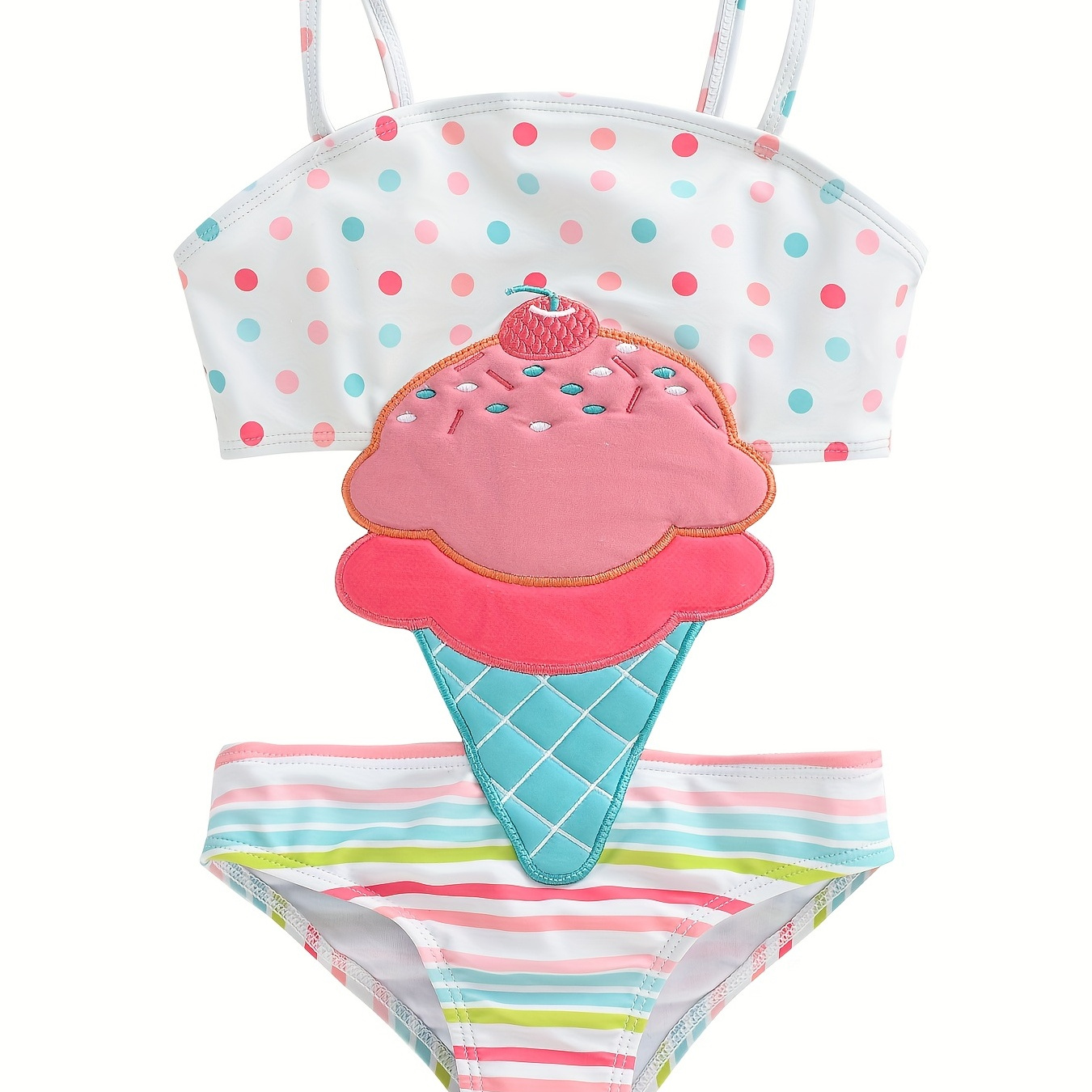 Girls Ice Cream Embroidery Polka Dot Stripes Cut Out One Piece Swimsuit Kids Summer Beach Clothes Bathing Suits