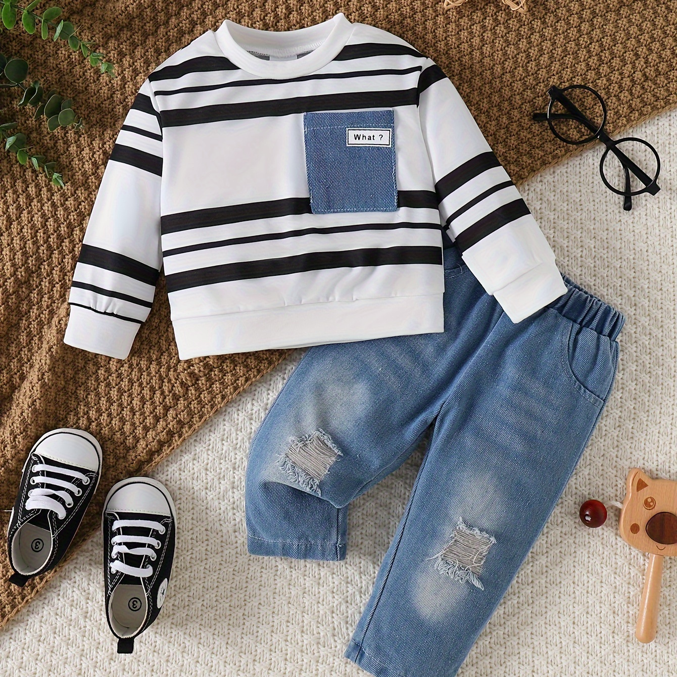 

2pcs 's Patched Striped Sweatshirt & , Toddler & Infant Boy's Clothing Set, Cloth