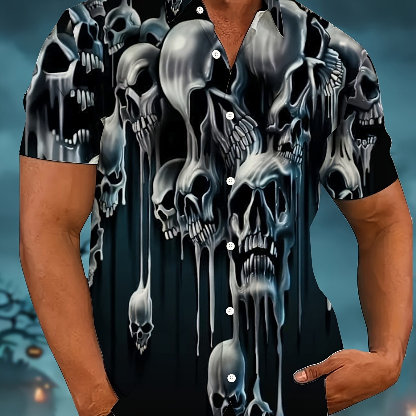 

Men's Novelty 3d Skulls Pattern Print Short Sleeve Lapel Shirt Top, Casual Button Up Shirt For Summer Daily Wear And Vacation Resorts