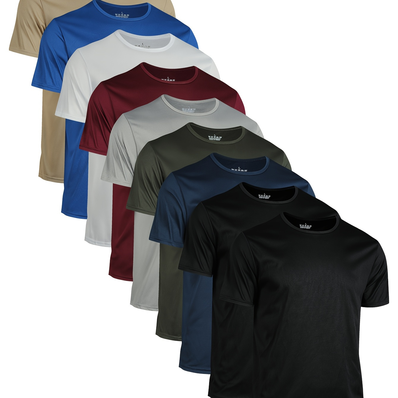 

9pcs Men' T-shirts - 100% Polyester, Crew Neck, Solid Color, Knit Fabric, Breathable & Quick-dry For Fitness & Outdoor Activities