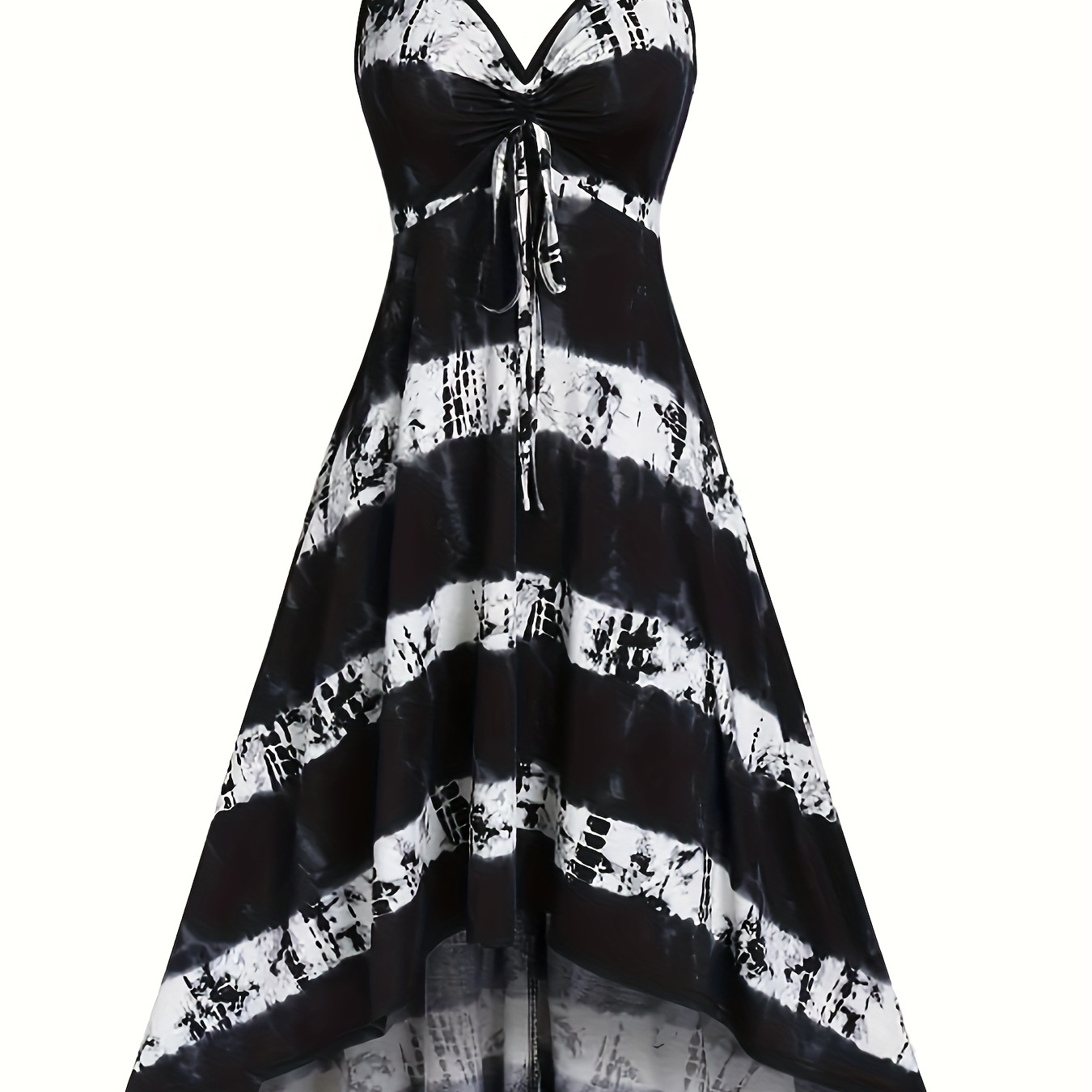 

Striped Print Dipped Hem Dress, Casual Spaghetti Strap V Neck Drawstring Dress, Women's Clothing