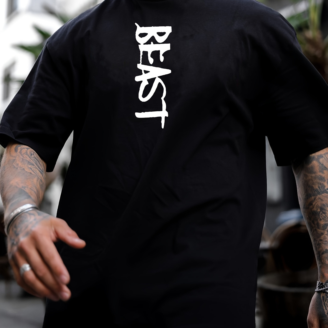 

Plus Size Men's Beast Print Short Sleeve T-shirts, Comfy Casual Elastic Crew Neck Tops, Men's Clothing