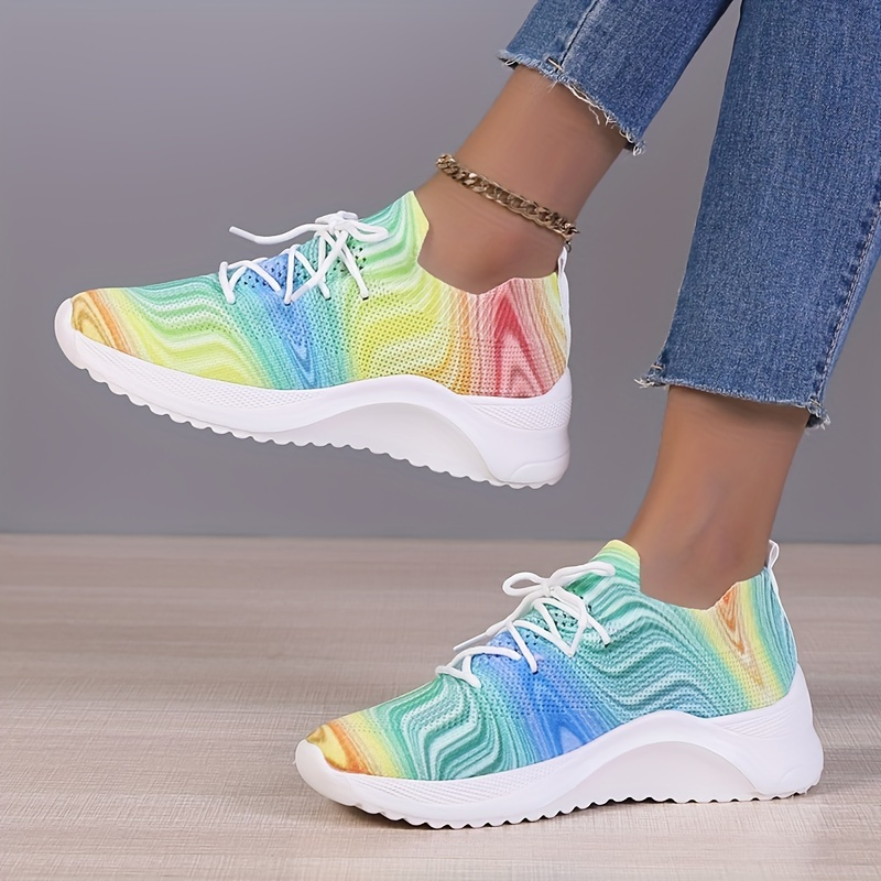 Women's Colorful Knit Sports Shoes, Breathable & Comfortable Lace Up Running Tennis Sneakers, Casual Low Top Shoes