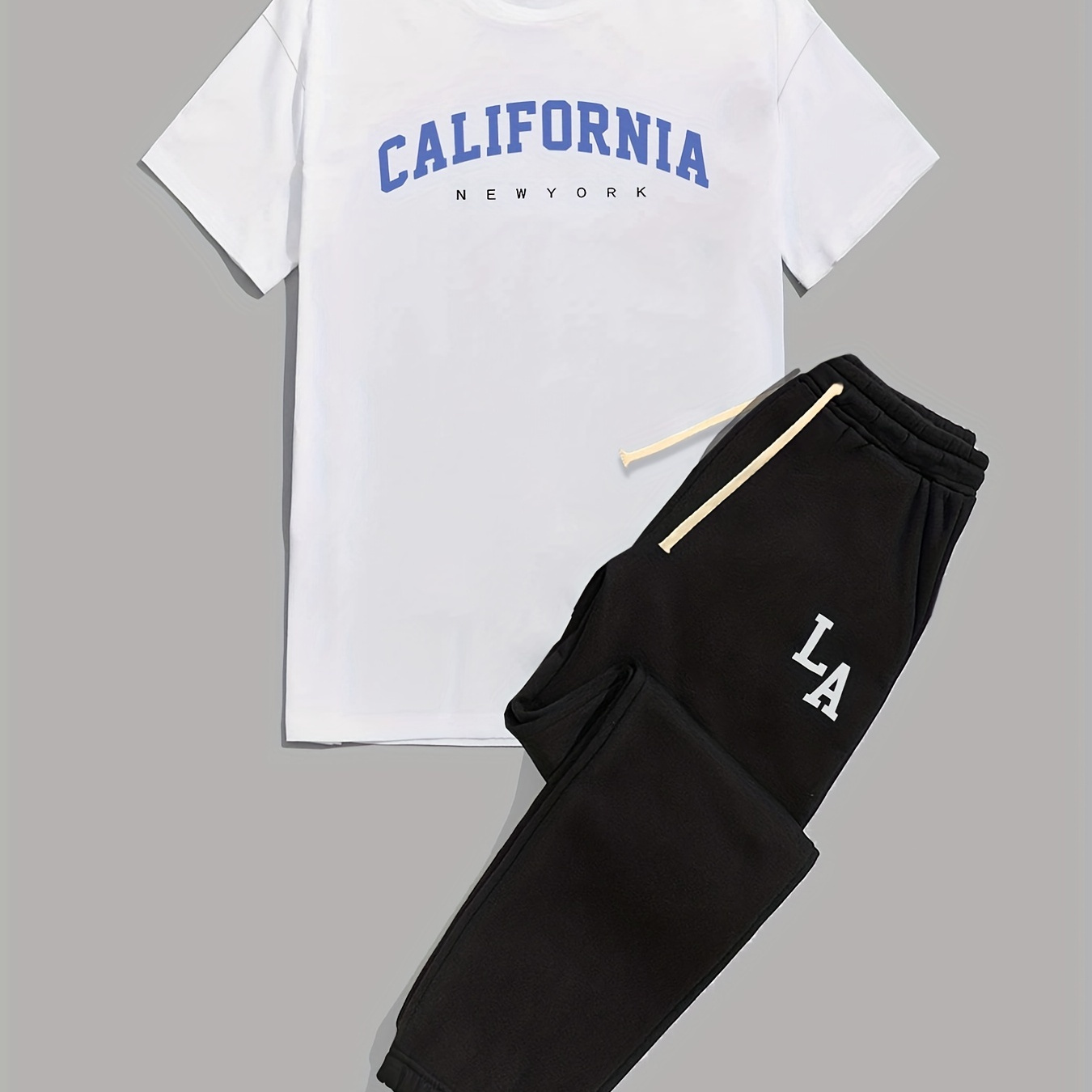 

California, Men's 2 Pieces Outfits, Short Sleeve T-shirt And Drawstring Trousers Set