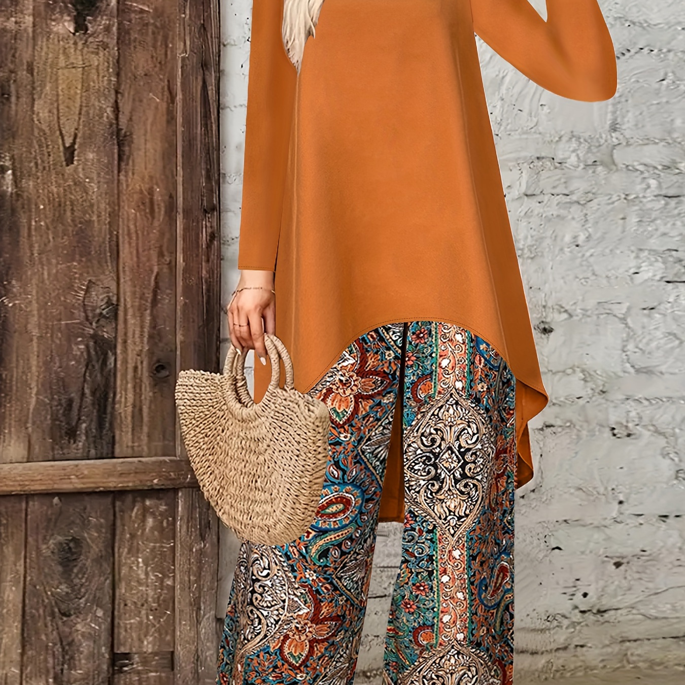 

Paisley Pantsuits, Long Sleeve Crew Neck Top & Waist Wide Leg Pants Outfits, Women's Clothing