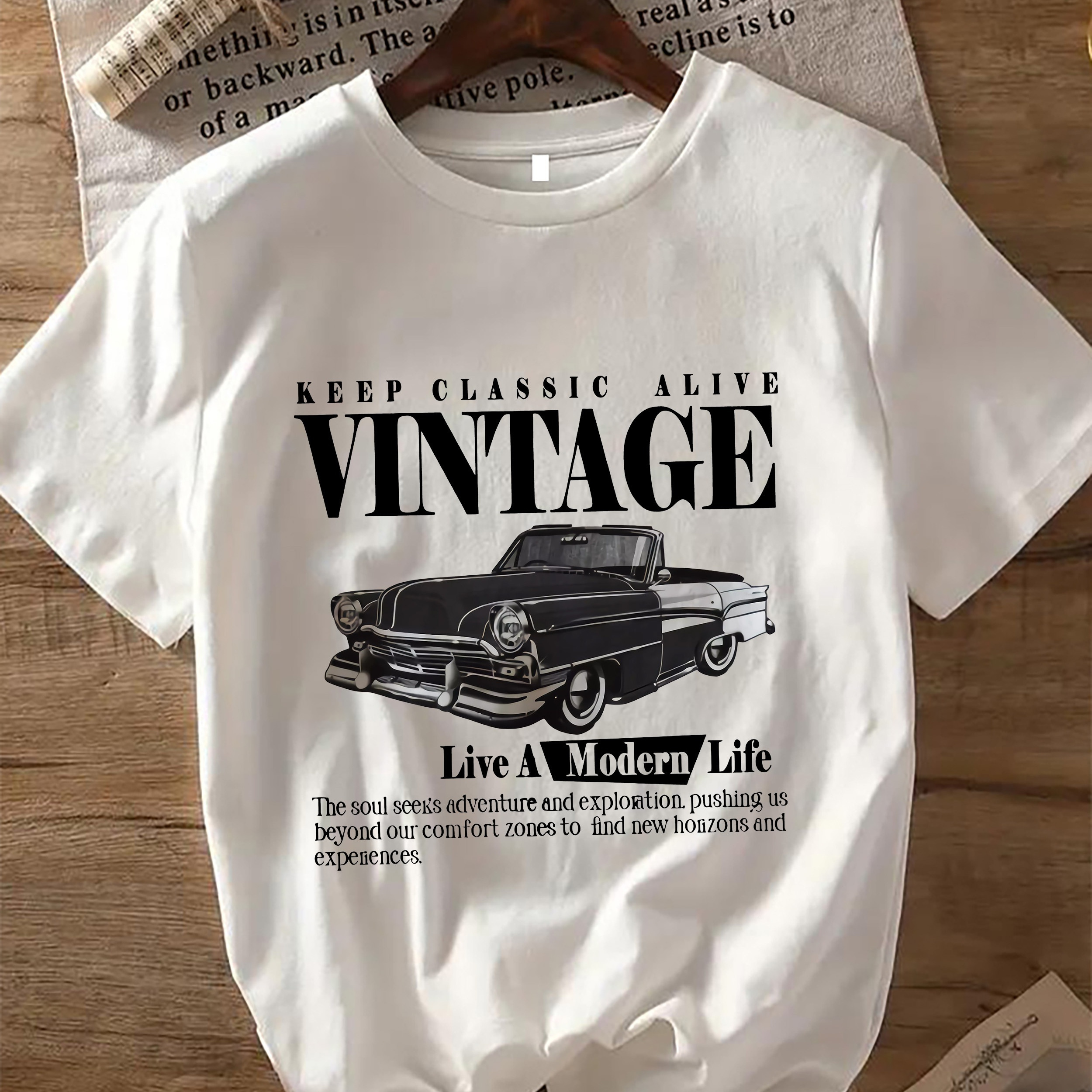 

Vintage & Car Print Crew Neck T-shirt, Comfy Short Sleeve Casual Top For Summer & Spring, Women's Clothing