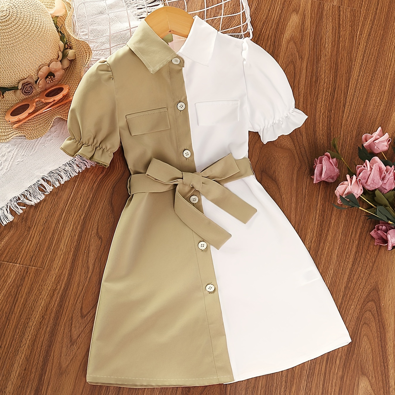 

Girls Causal Color Block Puff Sleeve Button Down Lapel Dress With Belt, Kids Summer Dress