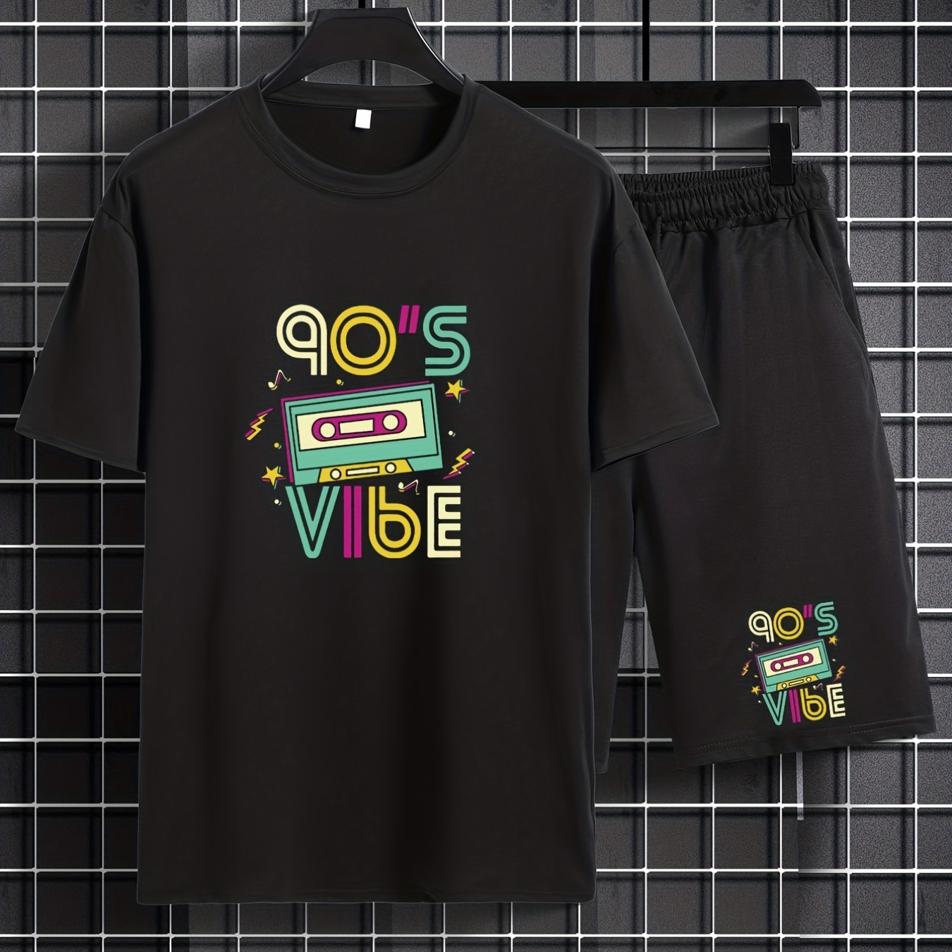 

''90's Music Tape'' Print, Mens 2 Piece Outfits, Casual T-shirt And Loose Drawstring Shorts Set For Summer, Men's Clothing