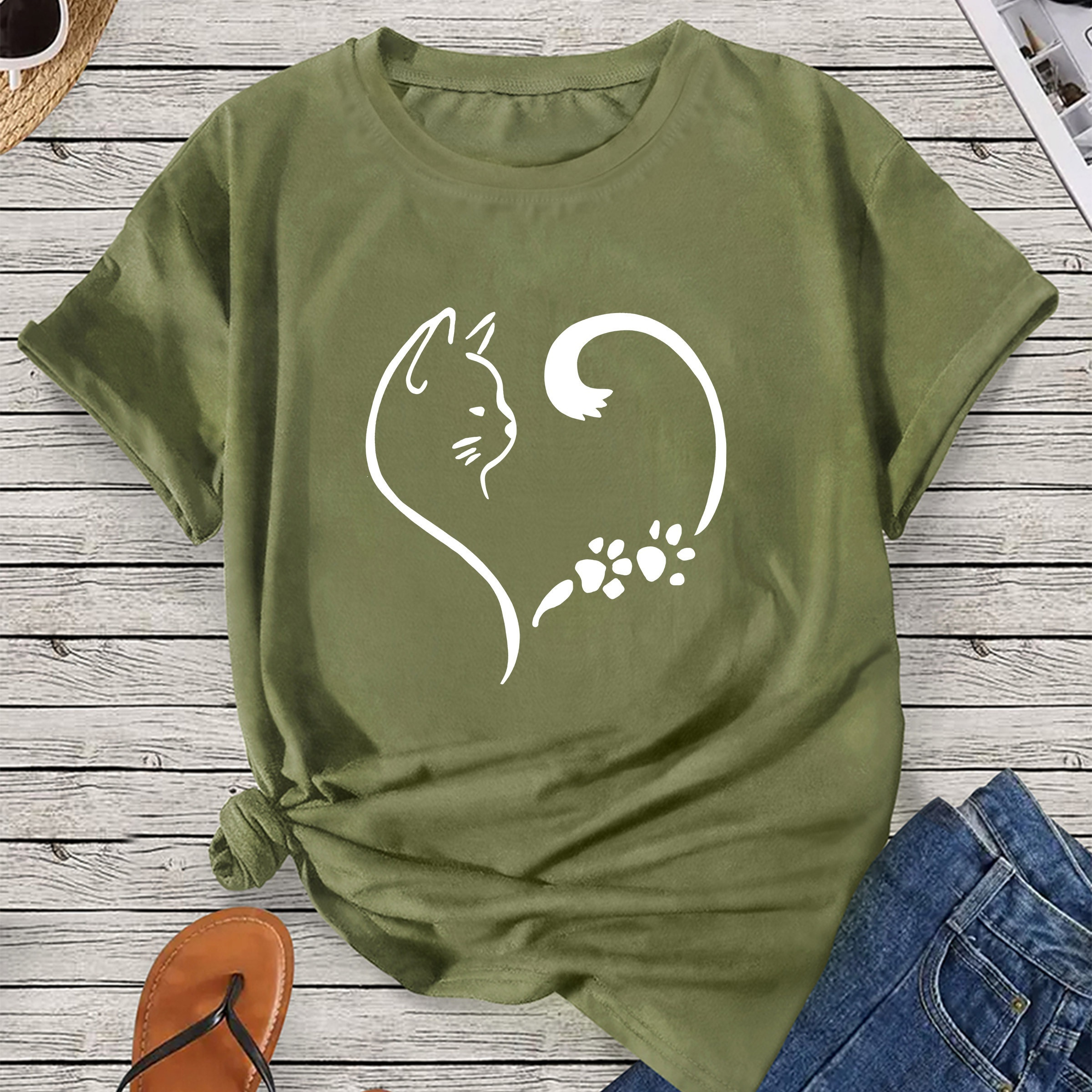 

Heart & Cat Graphic Fashion Sports Tee, Short Sleeve Round Neck T-shirt Top, Women's Activewear