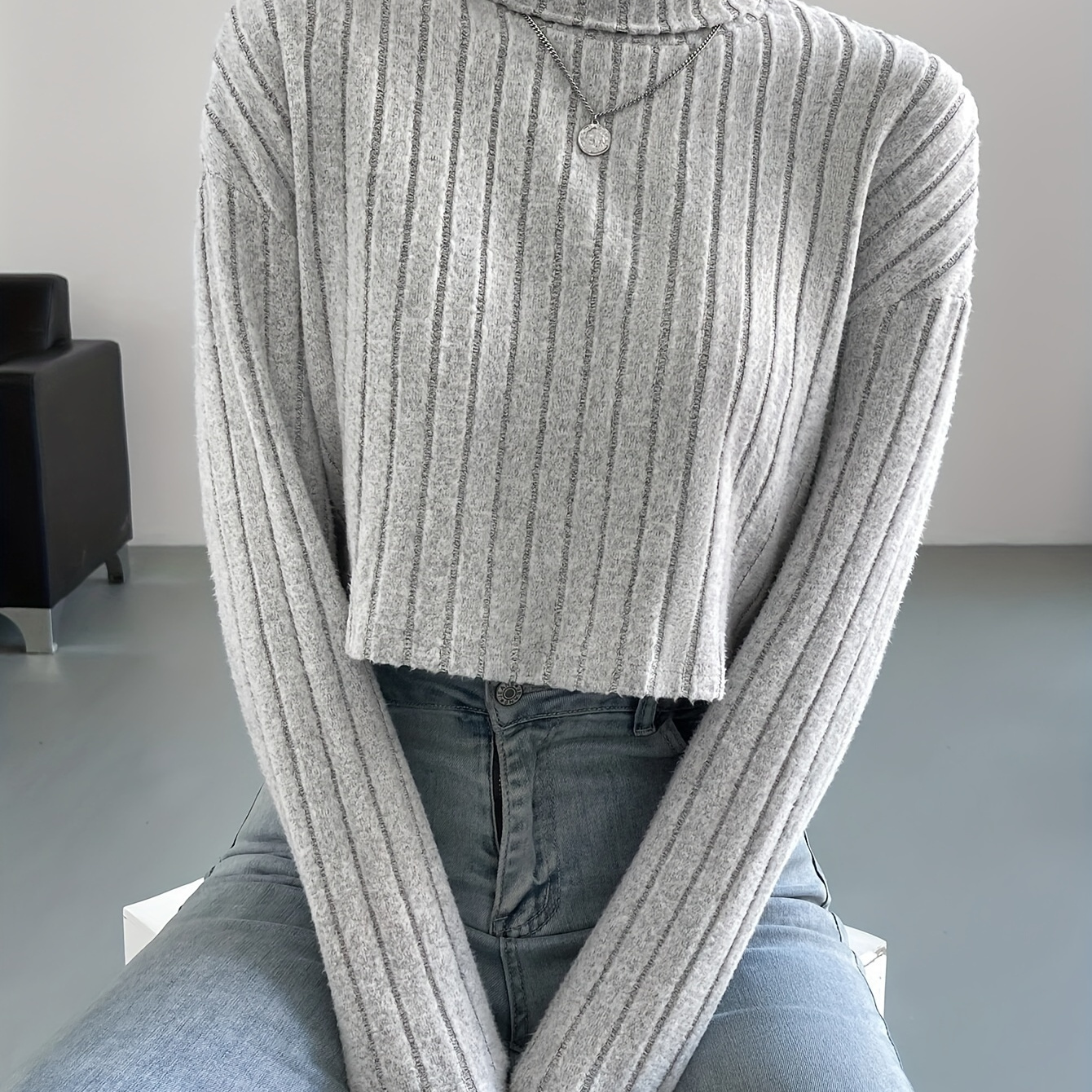 

Ribbed Knit Turtle Neck T-shirt, Casual Long Sleeve Crop Top For Spring & Fall, Women's Clothing