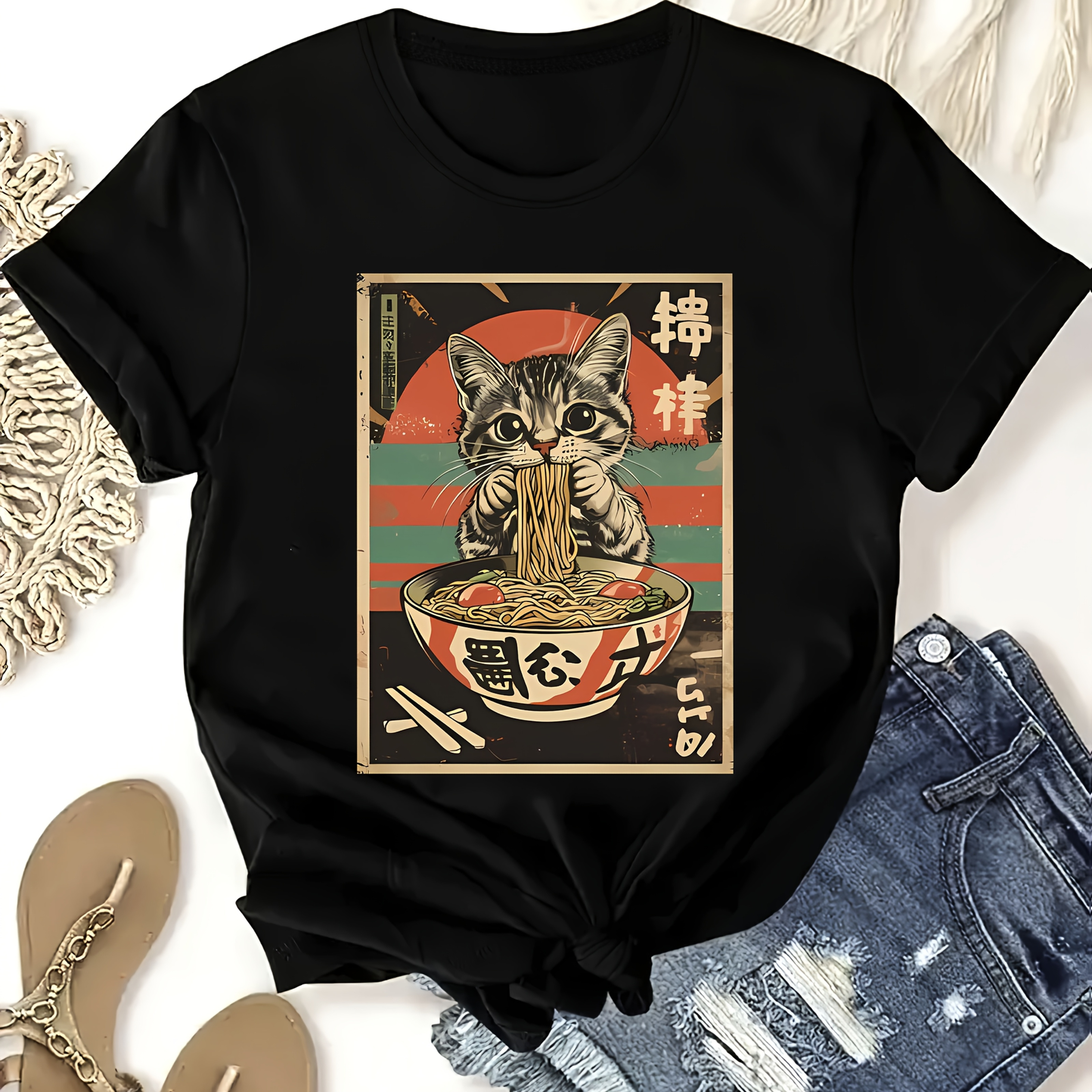 

Vintage Ramen Cat Lovers Cat Ramen Fashion Casual Short Sleeve, Summer Fit Fit, Round Neck Women's T-shirt