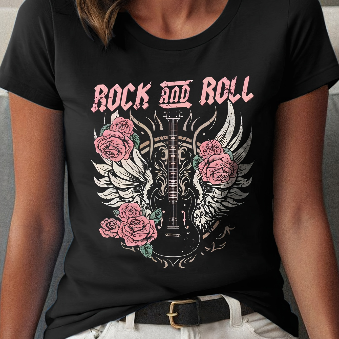 

T-shirt à imprimé ROCK & ROLL grande taille, haut décontracté à manches courtes col rond pour et l'été, vêtements grande taille pour femmes