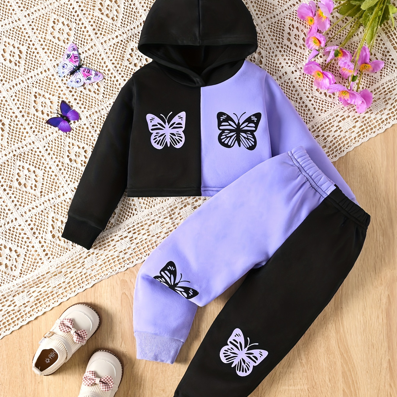 

Toddler Girls 2pcs Warm Fleece Sets, Splicing Butterfly Print Hoodies & Jogger Pants, Fall Winter Kids Clothes Gift