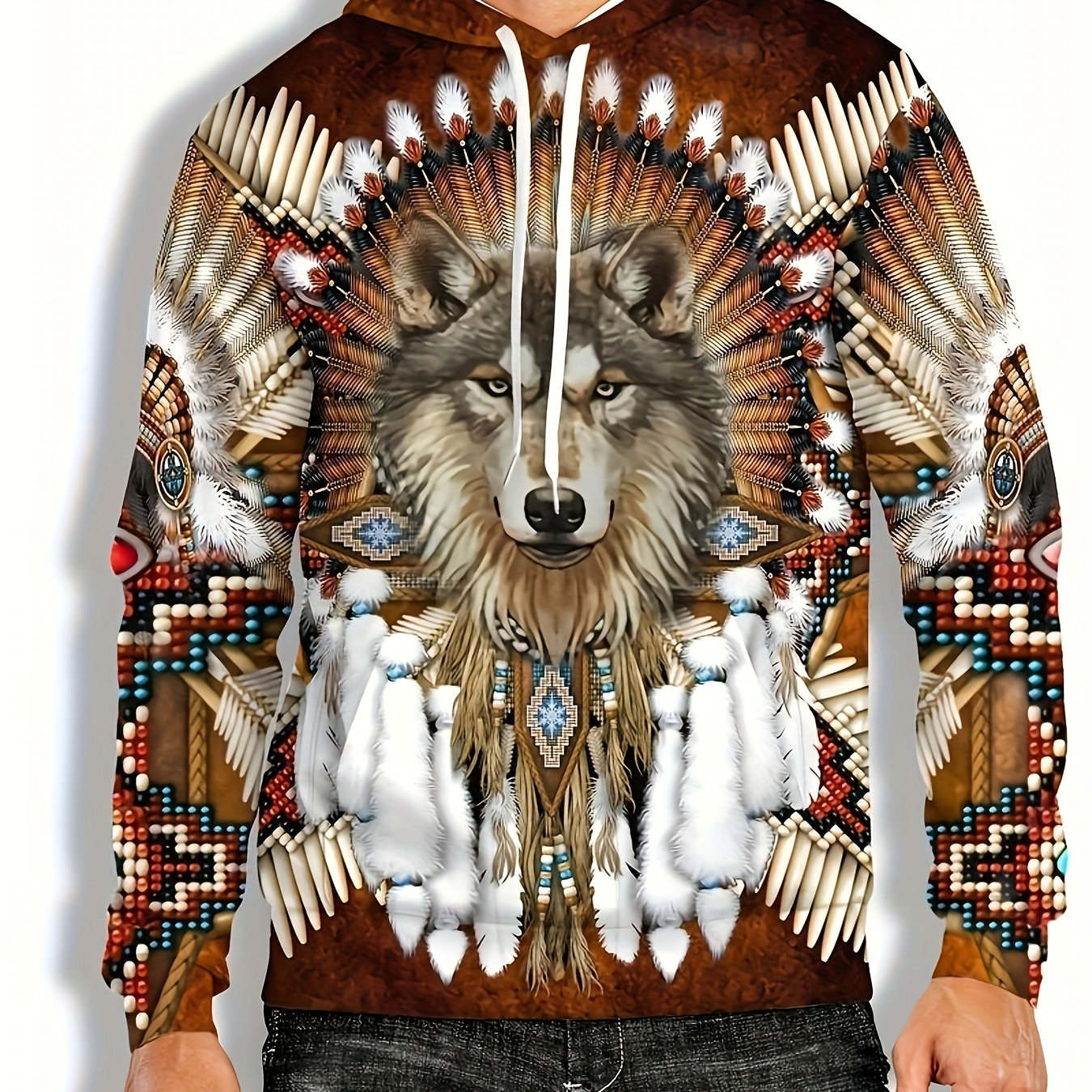 

Wolf Print Hoodie With Kangaroo Pocket, Men's Casual Pullover Hooded Sweatshirt