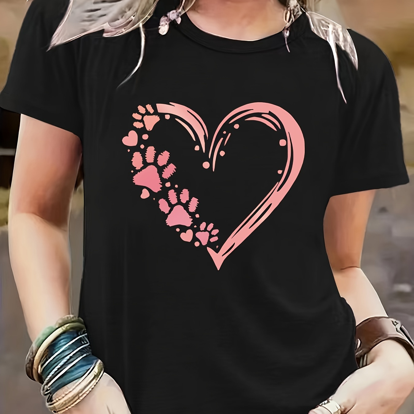 

Heart & Paw Print T-shirt, Casual Short Sleeve Crew Neck Top For Spring & Summer, Women's Clothing