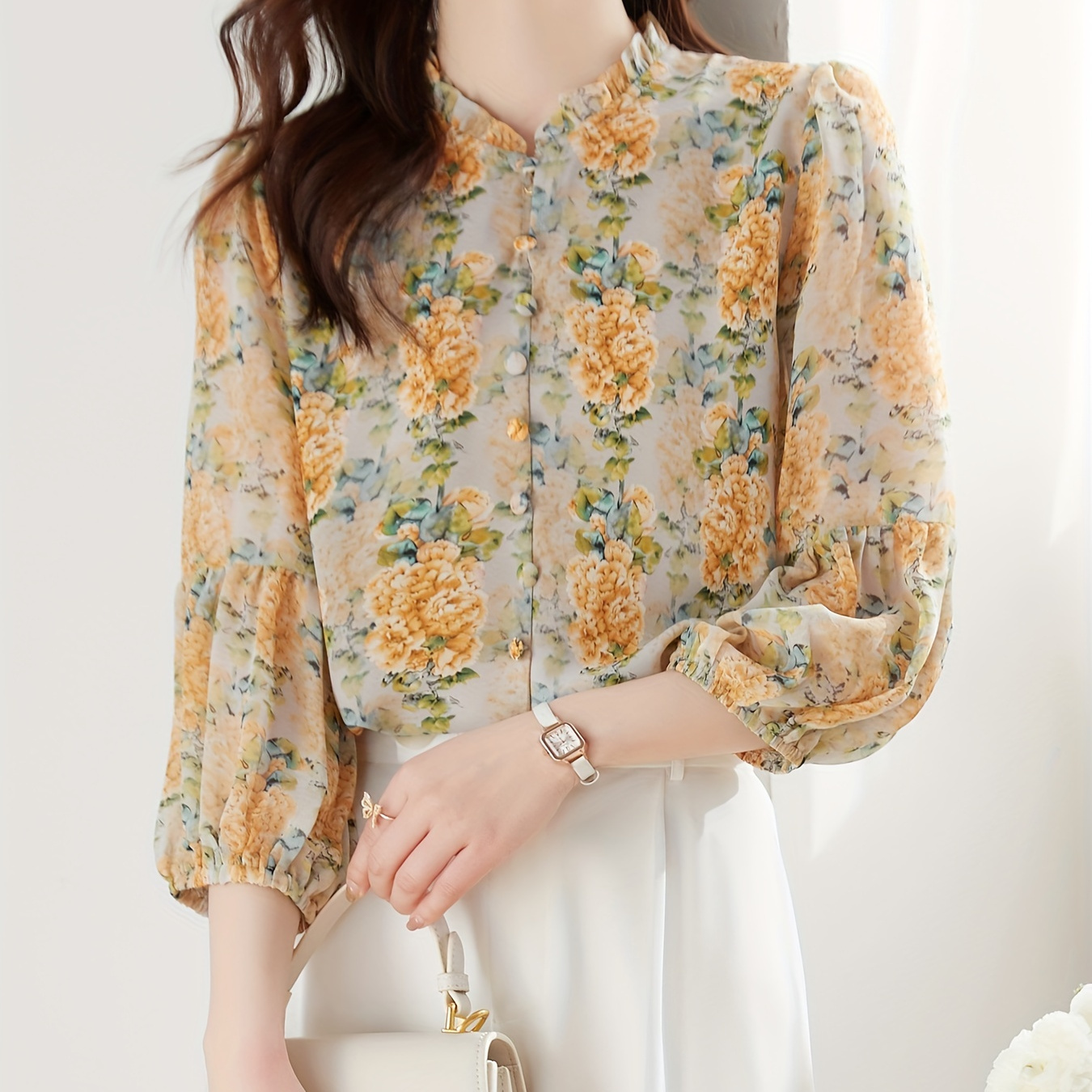 

Floral Print Button Front Blouse, Chic 3/4 Sleeve Ruffle Trim Top For Spring & Summer, Women's Clothing