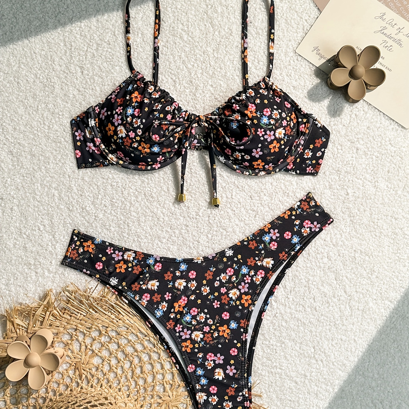 

Women's Fashionable Sexy Floral Print Bikini Set, Adjustable Straps With Back Buckle, Chic Summer Beachwear