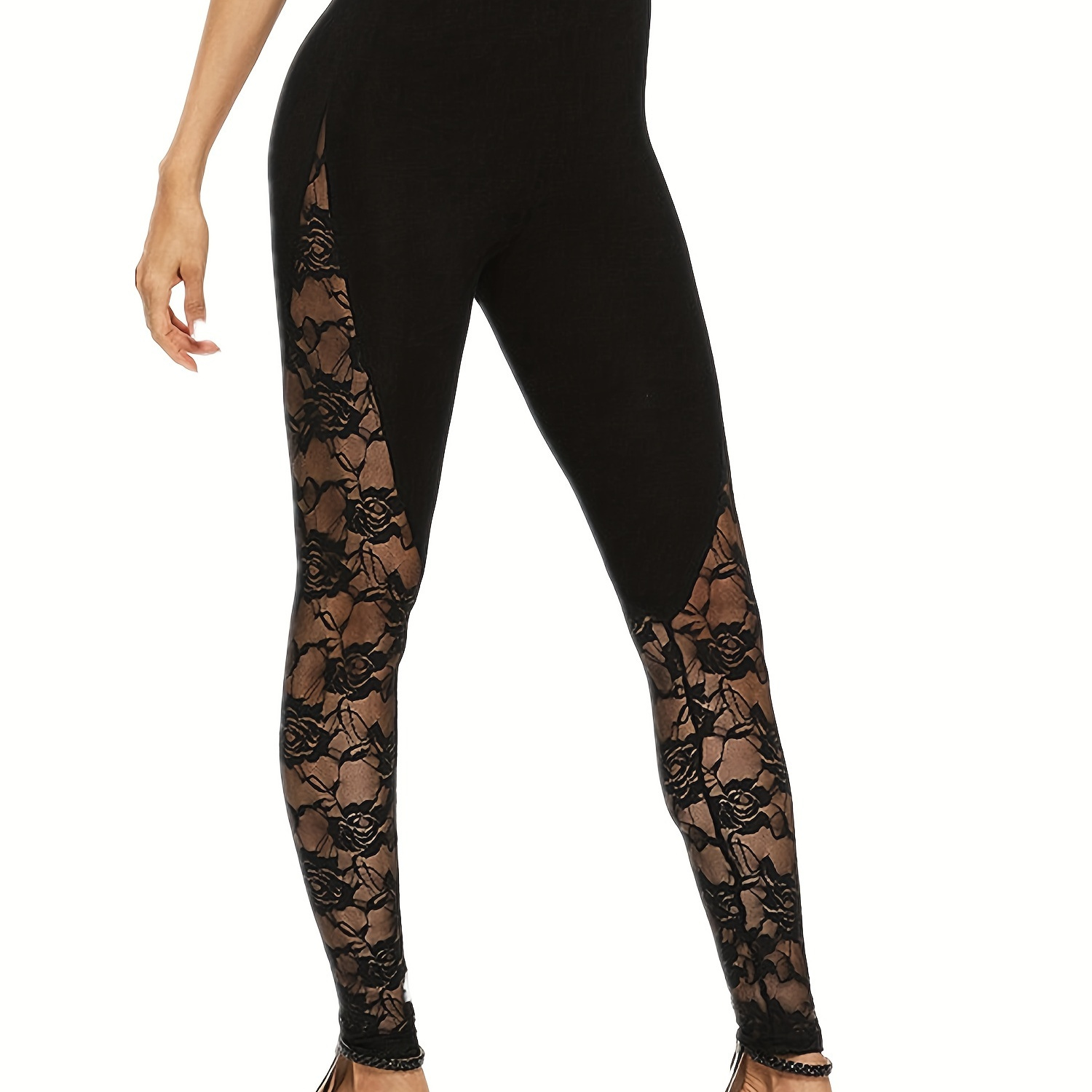 Solid Lace Skinny Leggings, Casual Every Day Stretchy Leggings, Women's Clothing