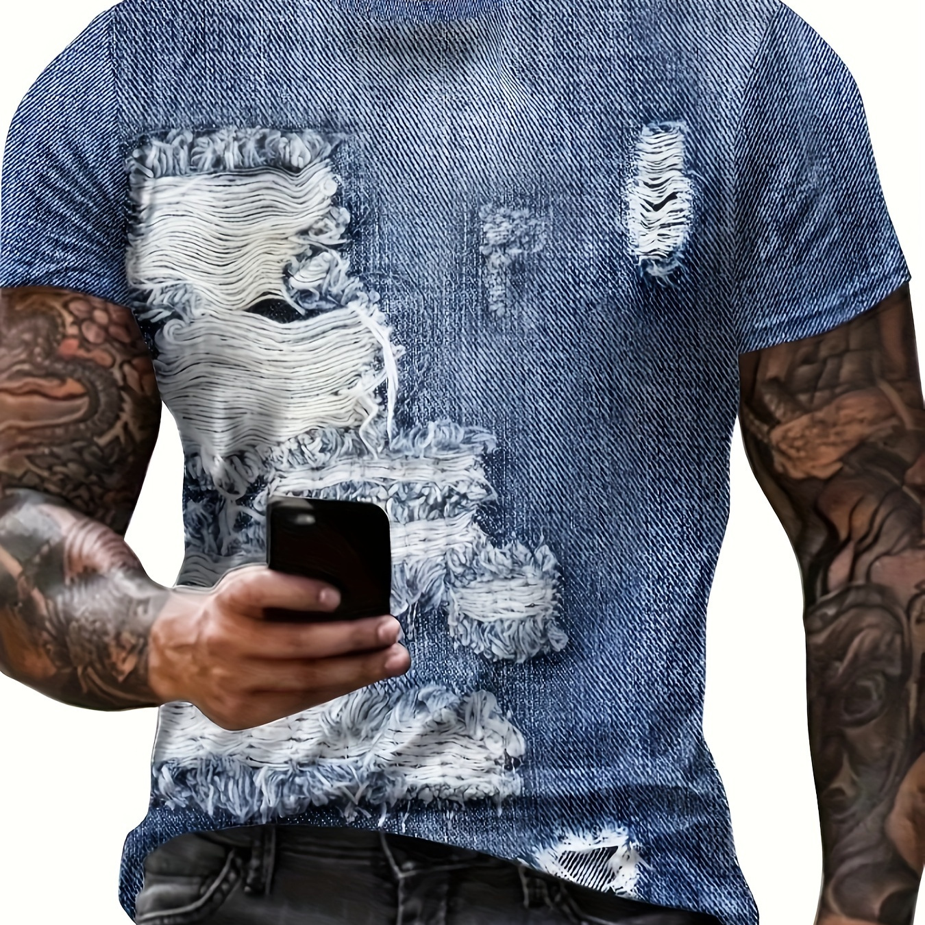 

3d Digital Ripped Denim Pieces Like Pattern Print Crew Neck And Short Sleeve T-shirt For Summer Outdoors Wear, Chic And Fashionable Tops For Men