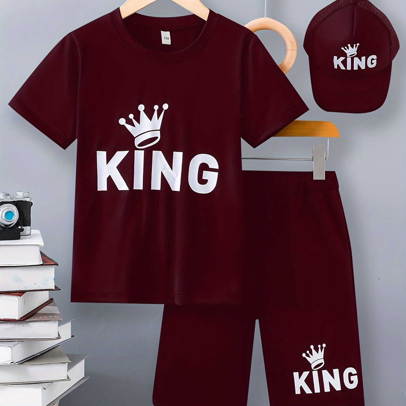 

3-piece Boys Casual Summer Outfit Set, King Letter Print Versatile Short Sleeve Tee & Cap & Shorts, Comfy Boys Clothes