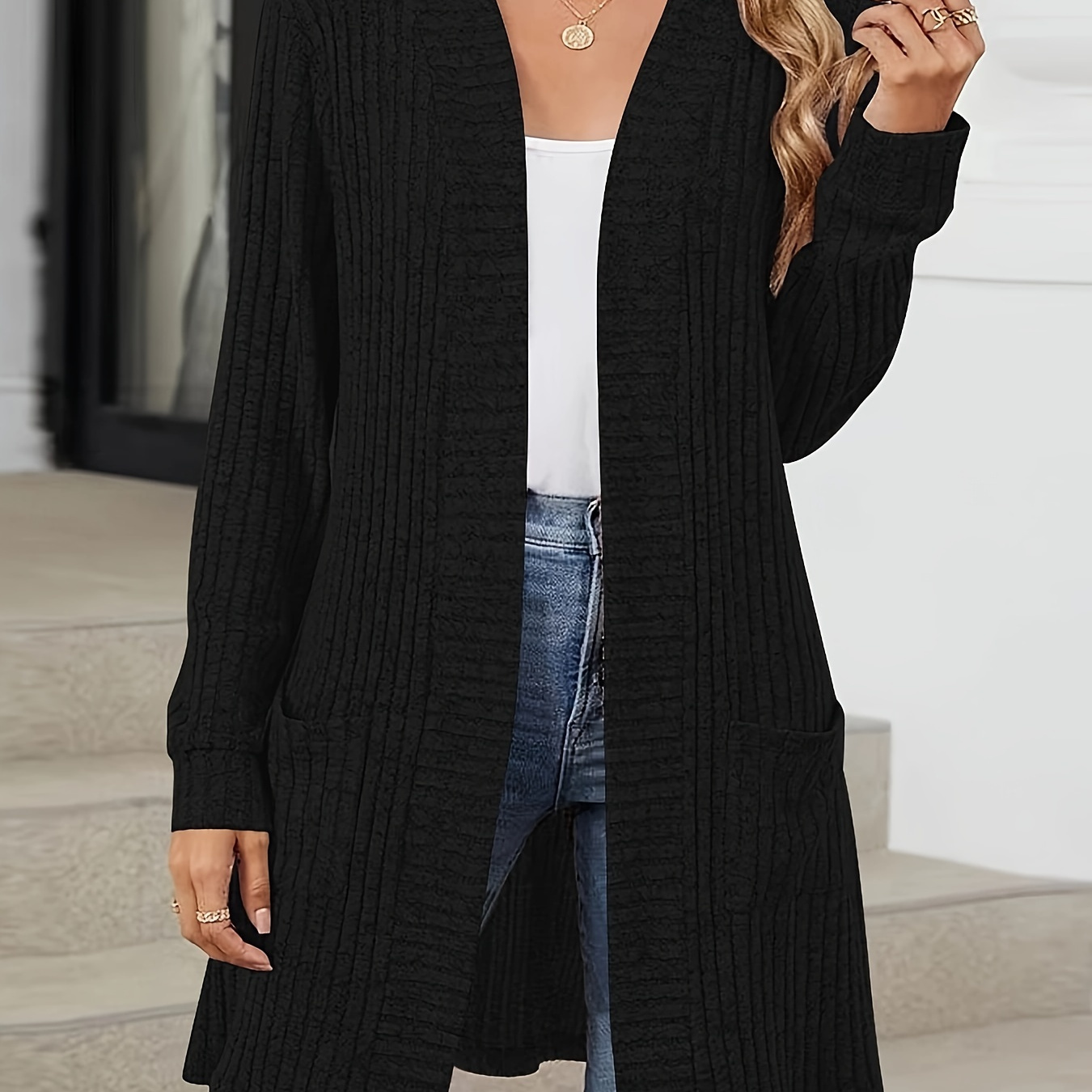 

Plus Size Knit Cardigan Coat For Women - Polyester Blend With Elastane, Long Sleeve, Solid Color, Midi Length, Open Front With Pockets, Slight Stretch, All-season Outerwear