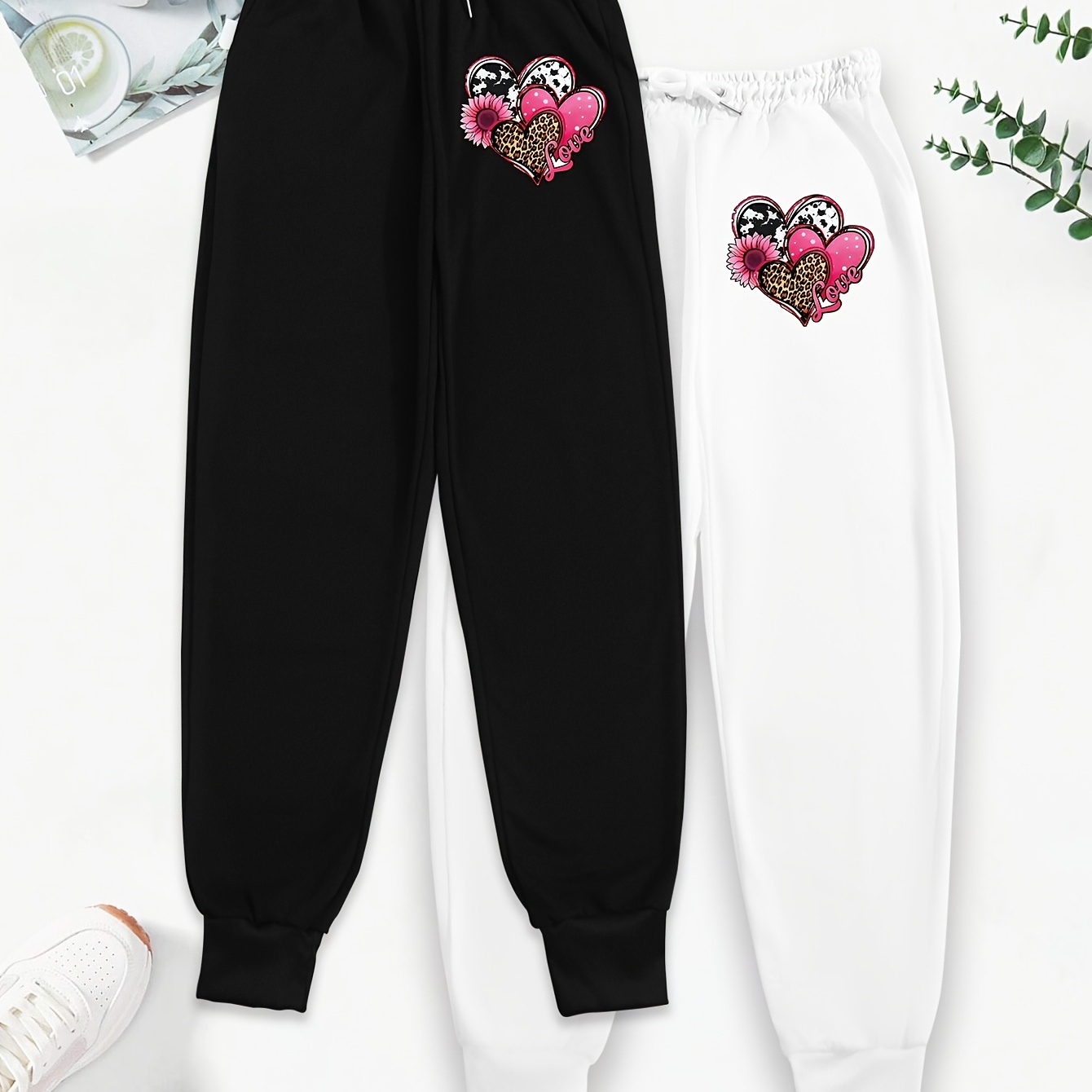 

Women's 2pcs Cartoon Graphic Joggers - Casual Drawstring Waist, Comfy Polyester Sweatpants With Pockets