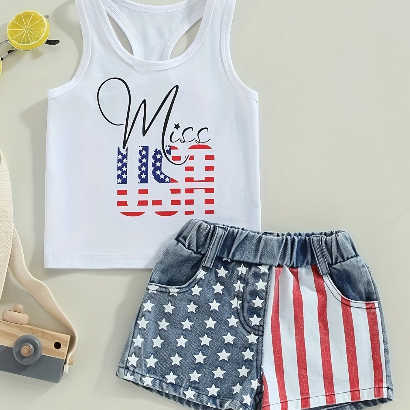 

4th Of July Toddler Girls 2pcs Outfits -sleeveless ''usa'' Print Tank Top + Striped Denim Shorts Set For Independence Day Girls