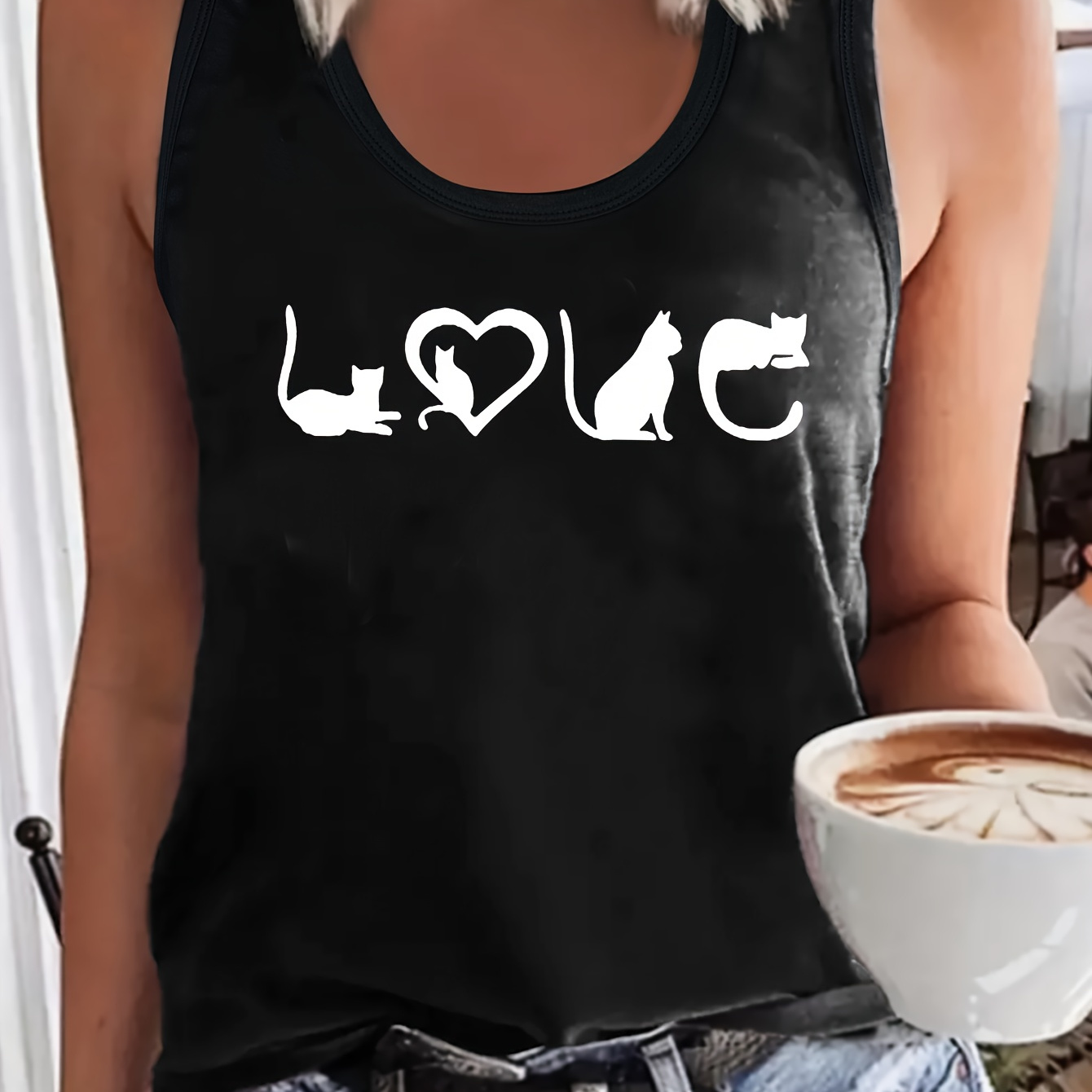 

Cat & Heart Print Tank Top, Sleeveless Crew Neck Casual Top For Summer & Spring, Women's Clothing