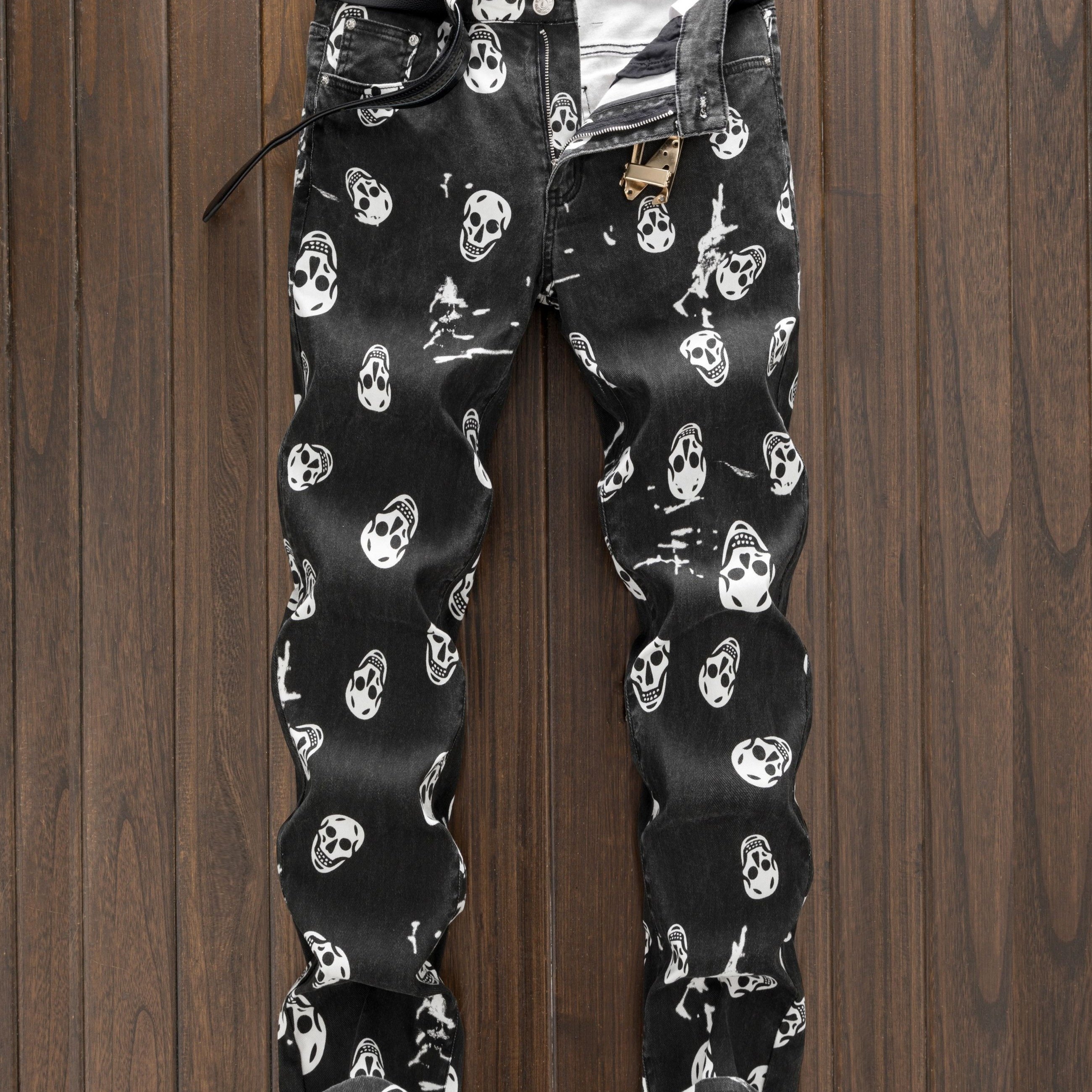 

Men's Fashionable Slim Fit Denim Pants With Skull Print - Casual Street Style Jeans For All Seasons