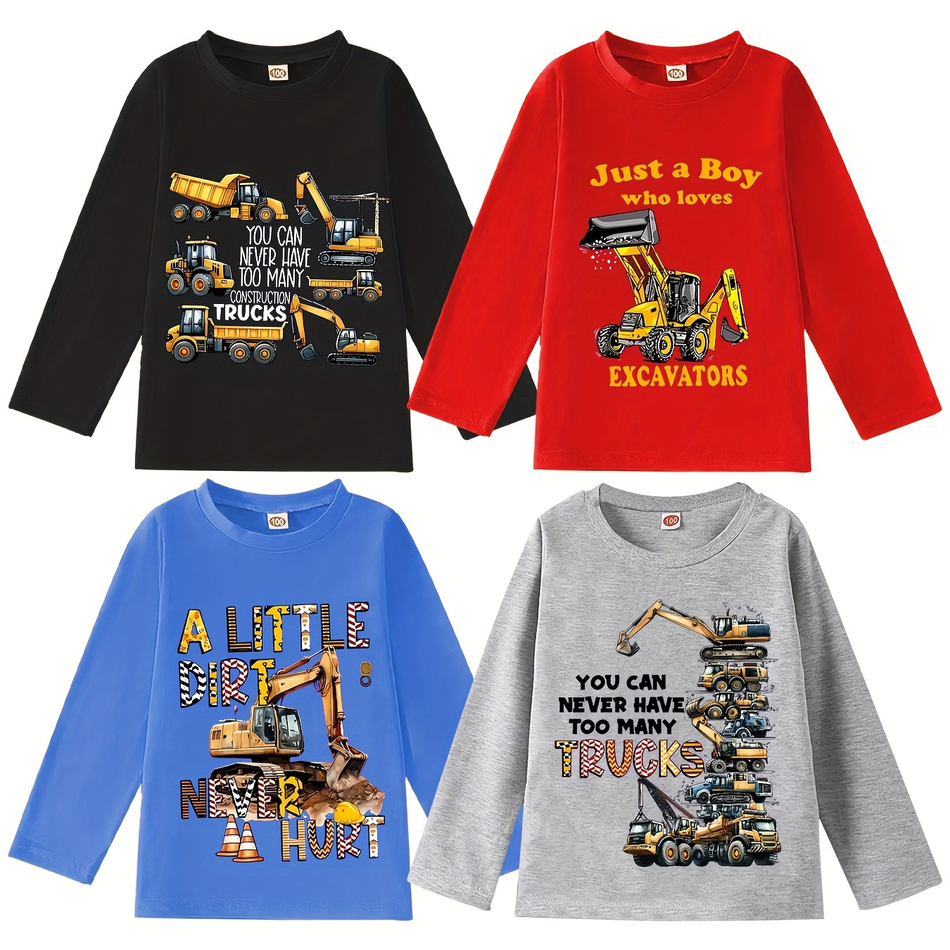 

Boy's Construction Truck Print Long Sleeve T-shirt Set - 4 Pieces