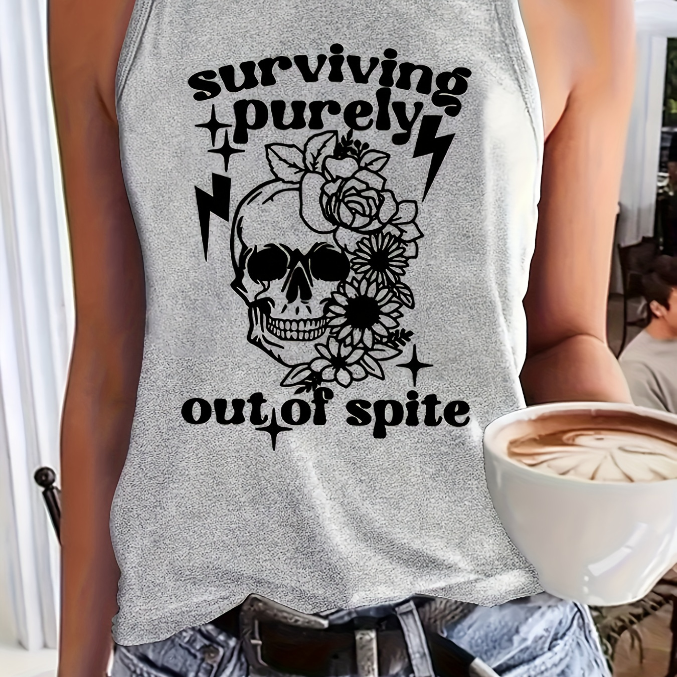 

Women's " " Skull & Floral Graphic Tank Top - Casual, Stretchy Polyester-spandex , Machine Washable, Black Sleeveless Shirt For All