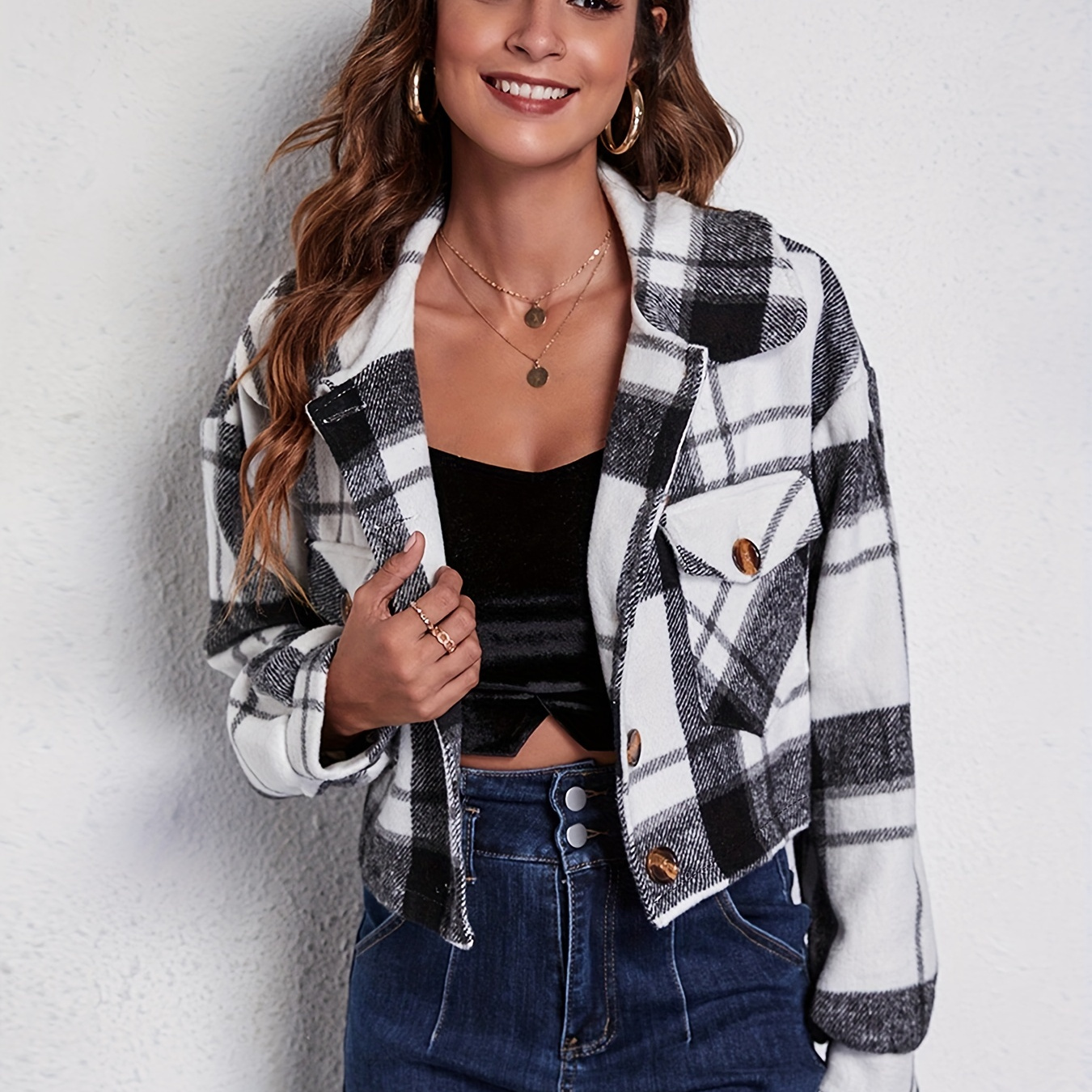 Plaid Cropped Button Down Jacket Flannel Style Plaid Jacket Casual Tops &  Jackets Women's Clothing - Temu