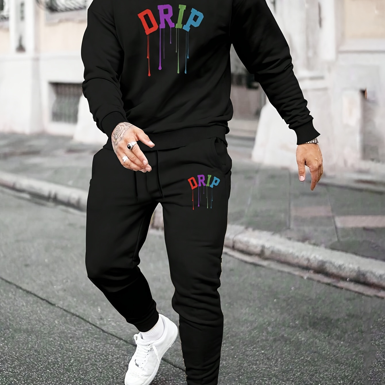 

Men's Casual Polyester Sweatsuit Set - Crew Neck Pullover With Print Detail And Matching Joggers, Slight Stretch Knit Fabric, Regular Fit Fall Tracksuit Set