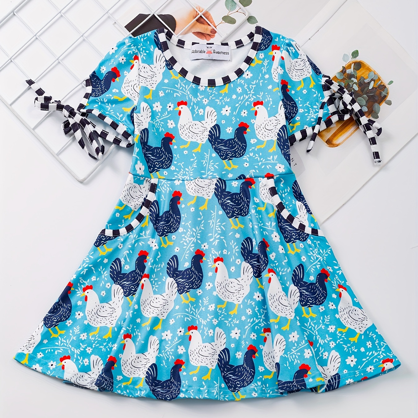 

Hens Full Print Girl's Lace-up Sleeve Pockets Dress Casual A-line Dresses Holiday Party Summer Gift
