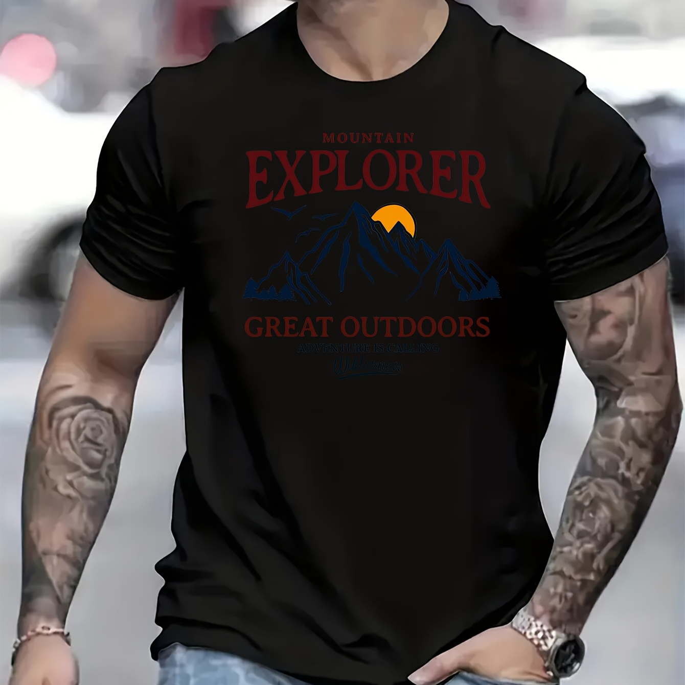 

Mountain Print Men's Creative Top, Casual Short Sleeve Crew Neck T-shirt, Men's Clothing For Summer Outdoor