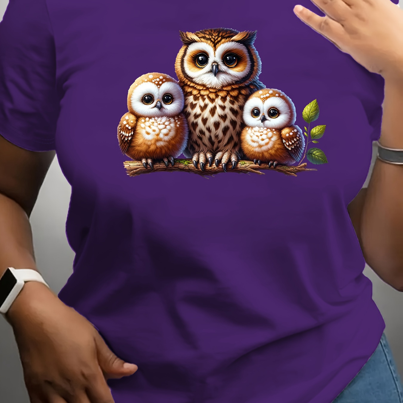 

Plus Size Women's Casual Summer T-shirt With Owl Print, Round Neck, Short Sleeves, Fashion Comfort Fit Top