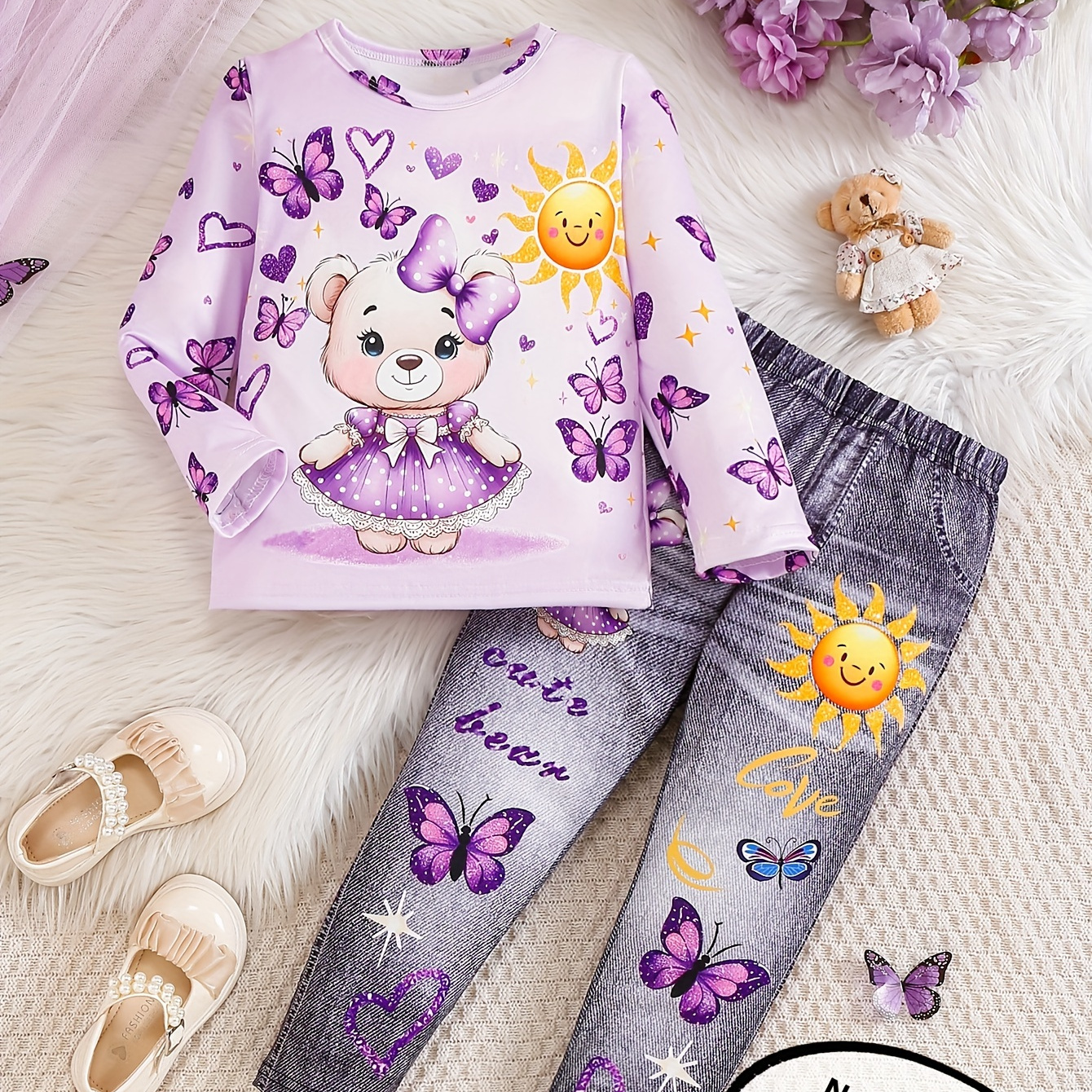 

Adorable Bear & 2pcs Set - Long Top & Leggings, For Princesses