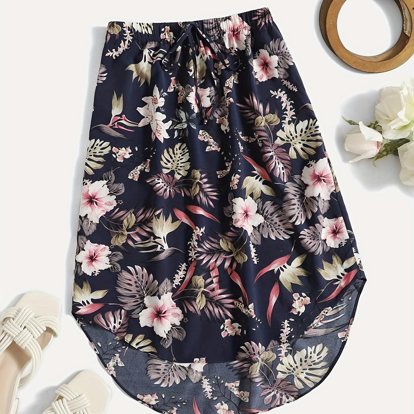 

Floral Print Hanky Hem Skirt, Elegant Drawstring Waist Skirt For Spring & Summer, Women's Clothing