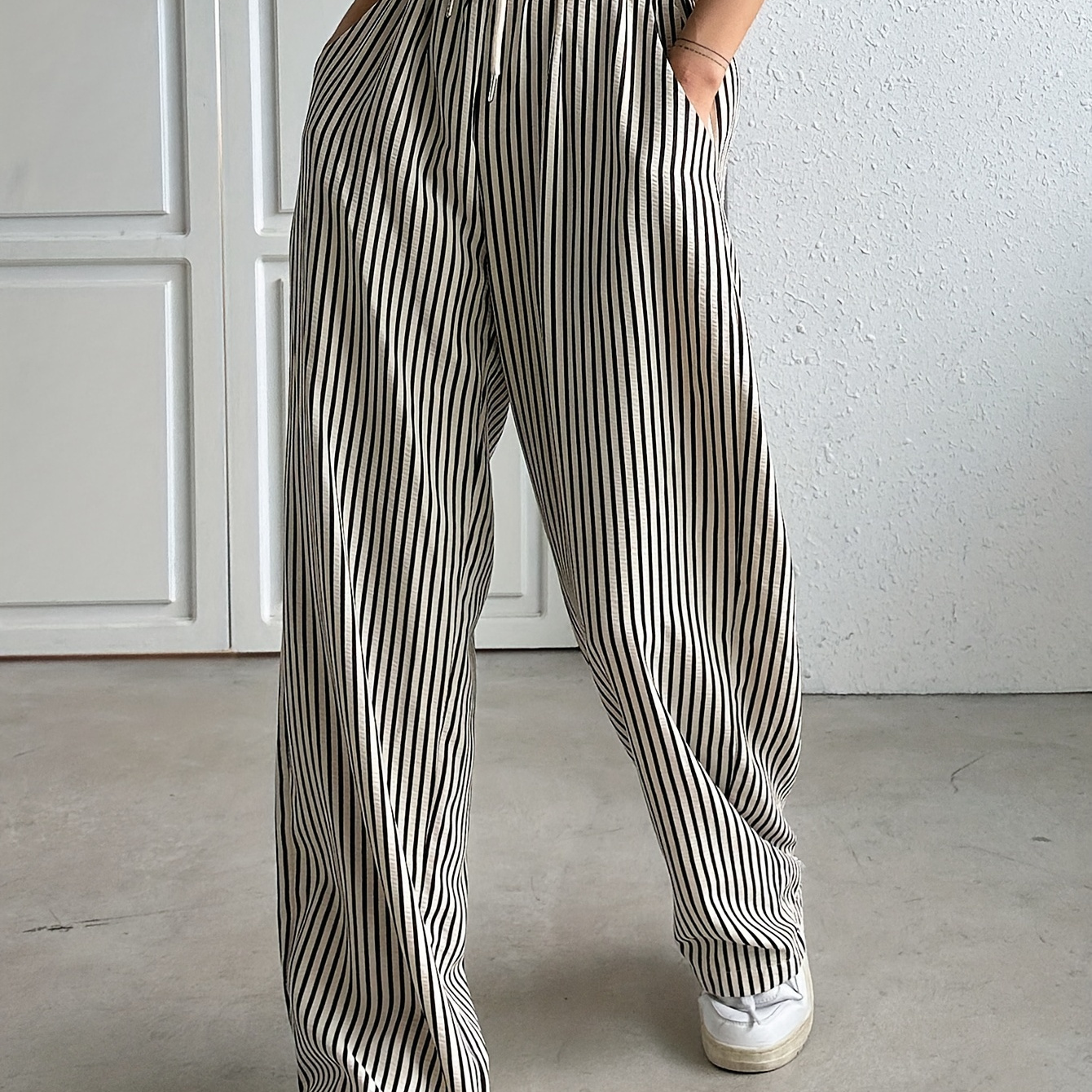 

Striped Drawstring Waist Slant Pockets Pants, Casual Wide Leg High Waist Pants For Spring & Summer, Women's Clothing