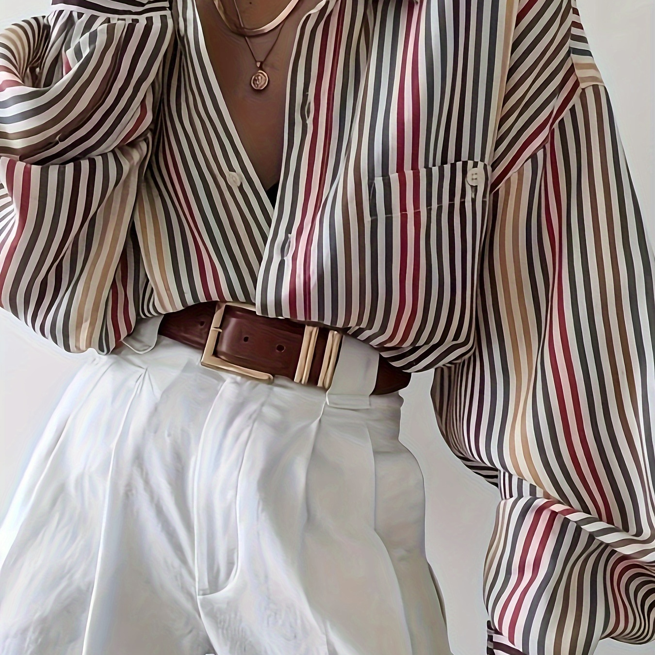 

Striped Print Button Front Blouse, Casual Long Sleeve Top For Spring & Fall, Women's Clothing