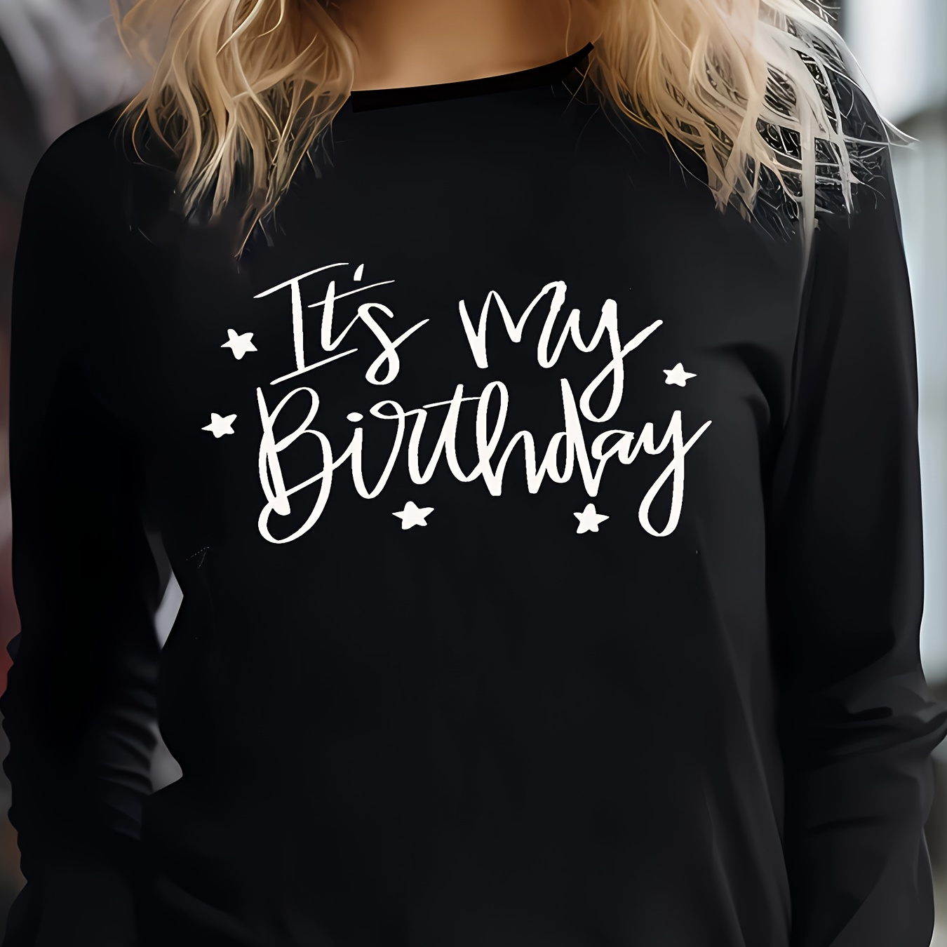 

My Birthday" Casual Fashion Long Sleeve T-shirt For Women - Crew Neck, Soft Polyester , Machine Washable