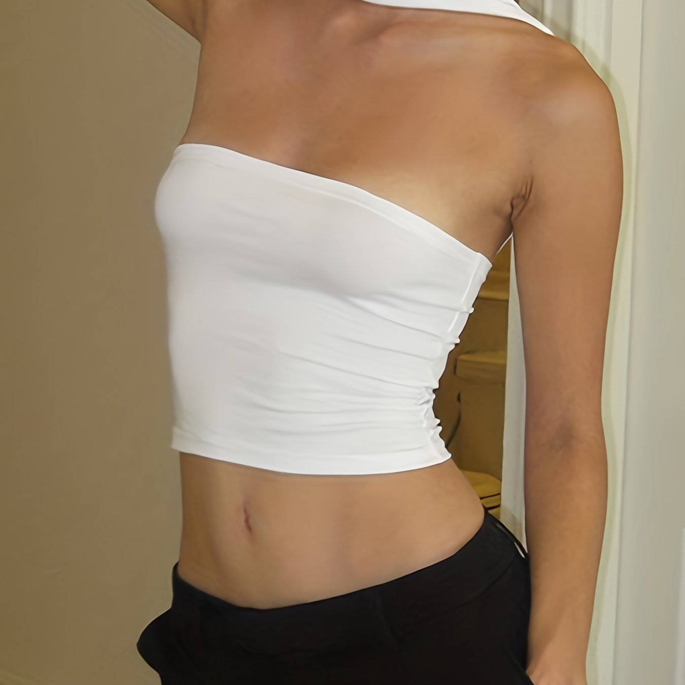 

Slim Ruched Halter Top, Sexy Solid Sleeveless Crop Top, Women's Clothing