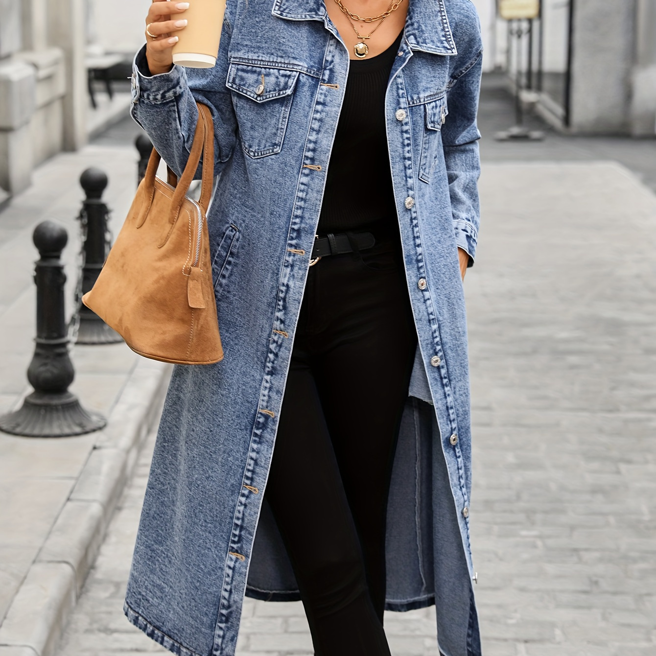 CAL O LINE　DENIM OVERCOAT　M extra long denim jacket coat women elegant trench coat - Temu Oman