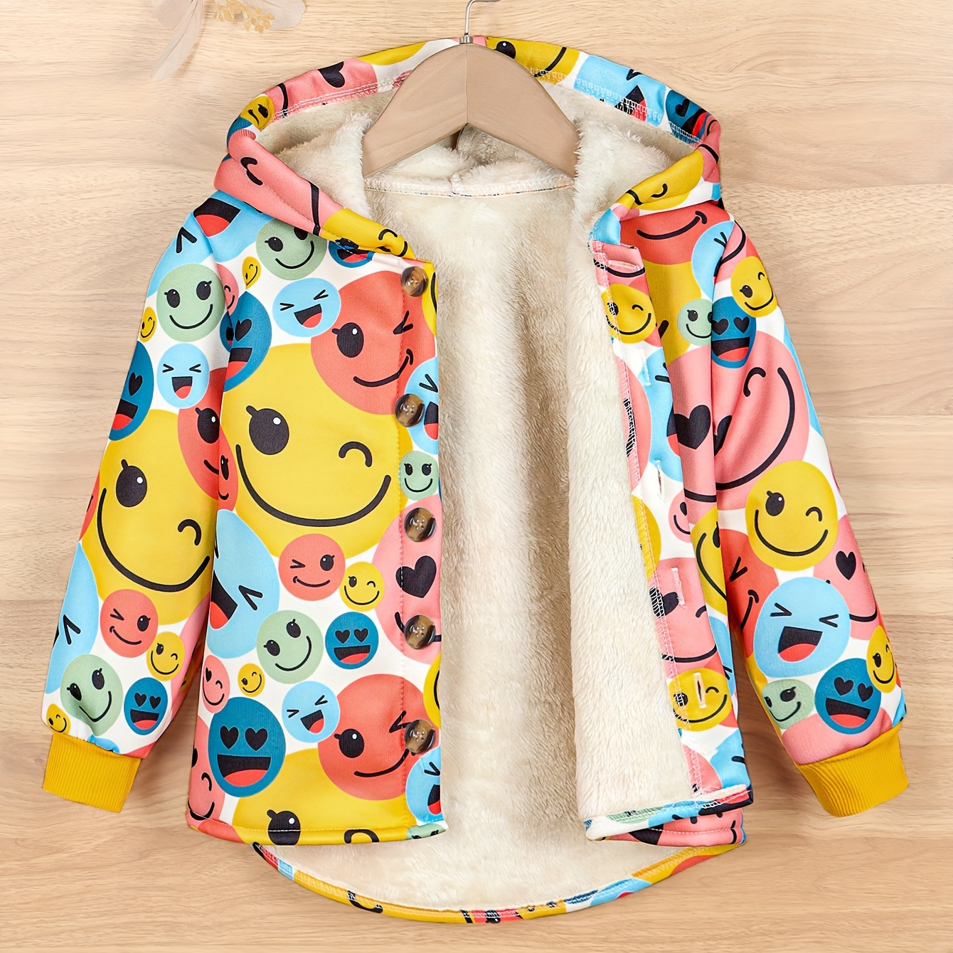 

Girls Fleece Smile Face Print Hooded Winter Jacket With Button Long Sleeve Hoodies For Autumn And Winter, Everyday