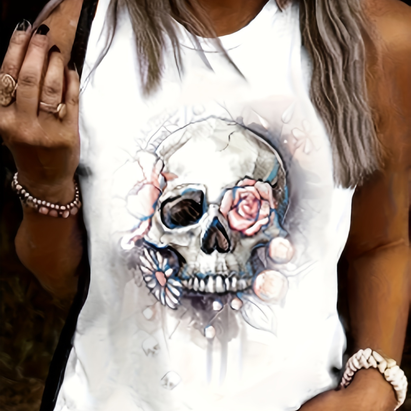 

Skull & Floral Print Tank Top, Casual Sleeveless Tank Top For Summer, Women's Clothing