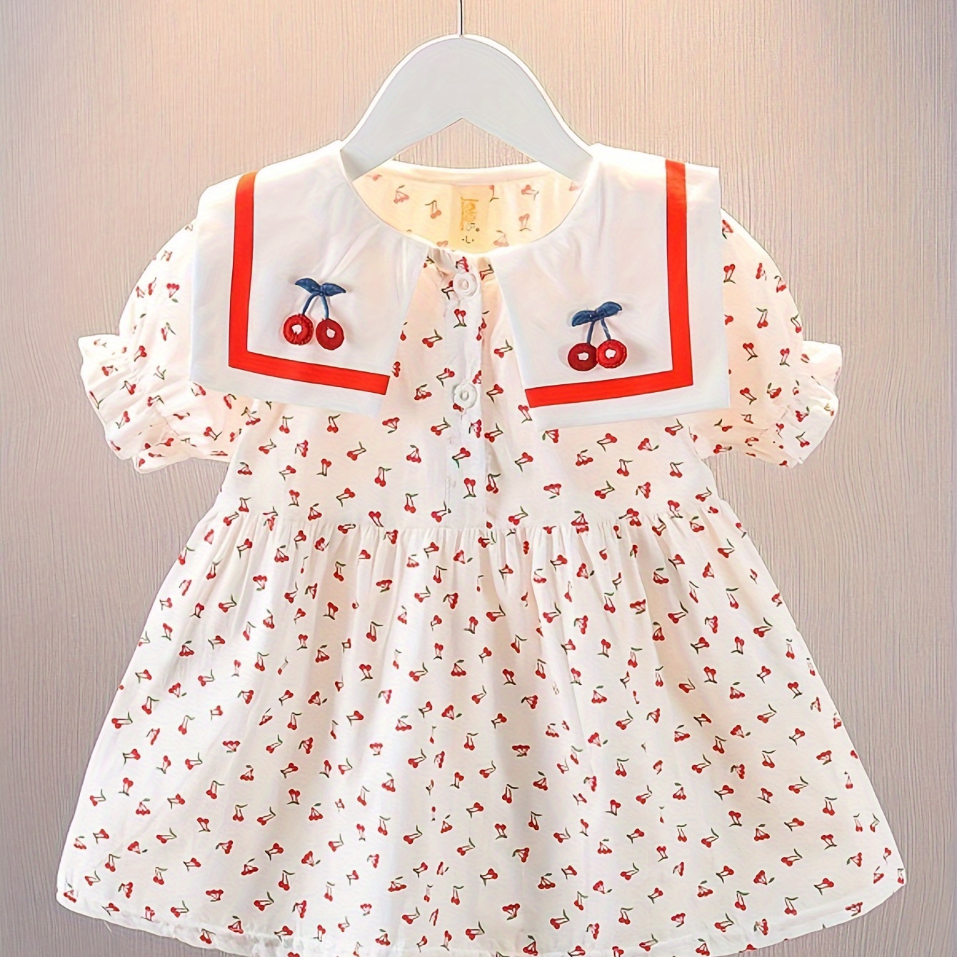 

Baby's Cherry Embroidered Collar Lovely Dress, Casual Puff Sleeve Princess Dress, Infant & Toddler Girl's Clothing For Summer/spring, As Gift