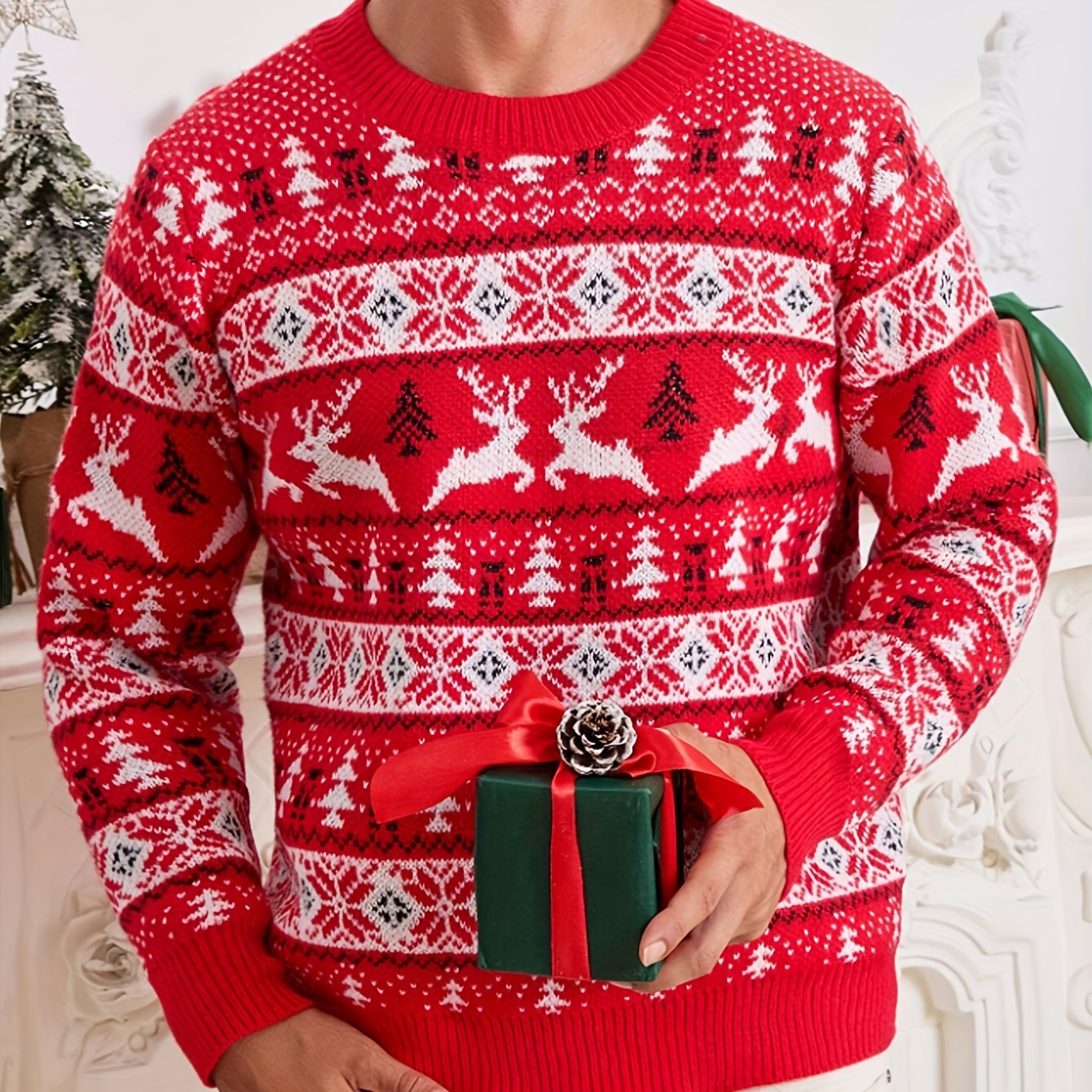 

Men's Christmas Knit Sweater - Cozy & Stretchy Pullover With Reindeer Design, , Christmas Sweater