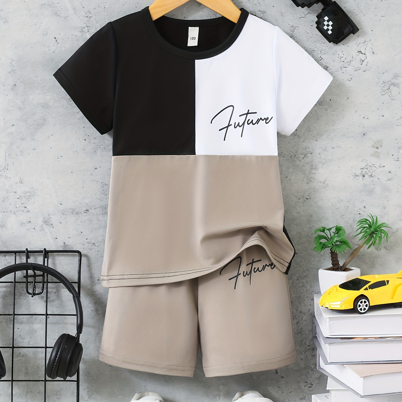 TEMU 2pcs Boys Casual Future Letter Graphic Print Short Sleeve Colorblock T-shirt & Shorts Set, Comfy Summer Boys Clothes