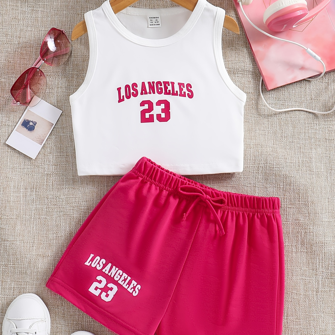 

Kid Girls' 2 Piece Outfits, ''los Angeles'' Graphics, Sleeveless Tank Shirt & Elastic Waist Pants Set, Kids Clothing For Summer